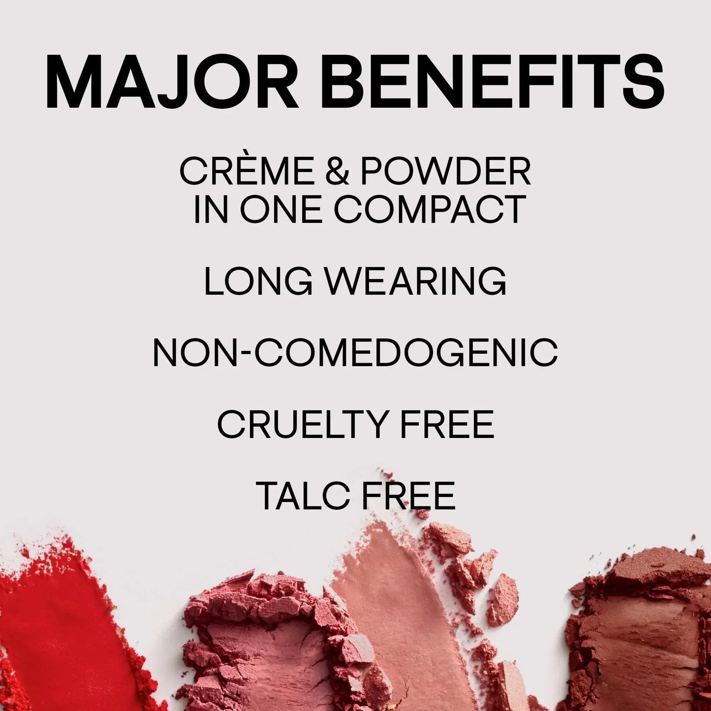 Crushed blush powders in luxe red, mauve, and rose shades with text highlighting crème and powder compact, long wearing, non-comedogenic, cruelty free, talc free benefits.