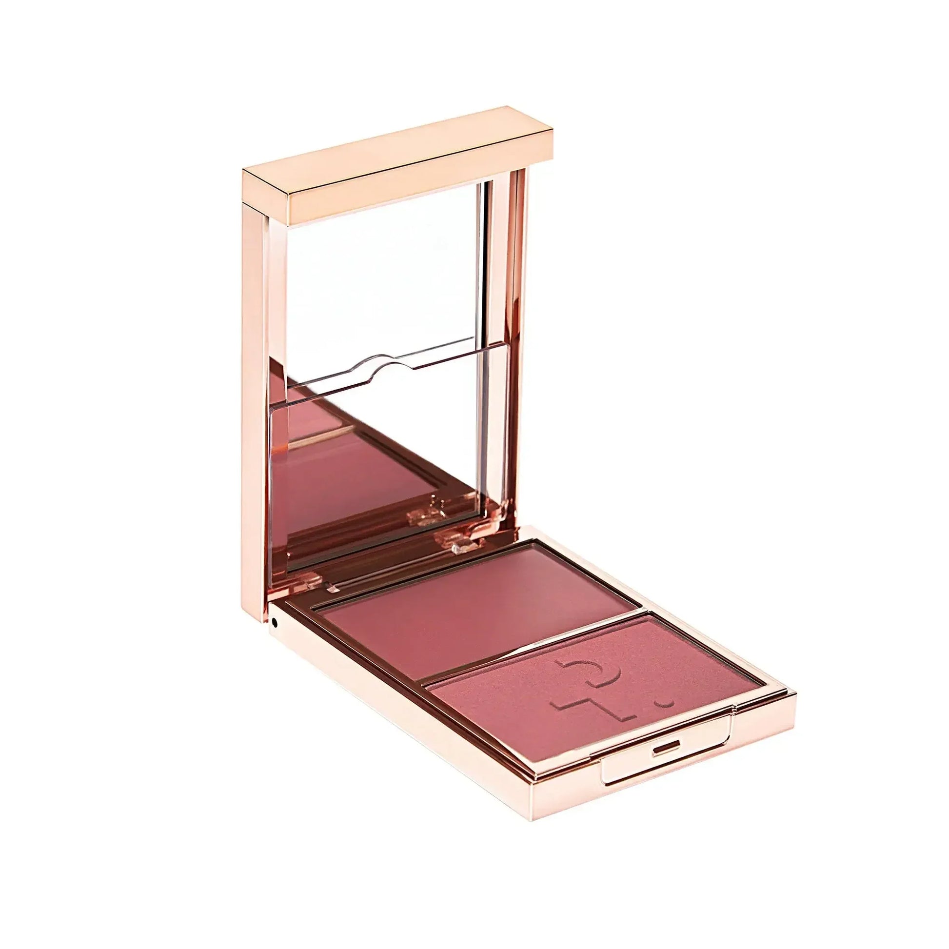 Luxurious rose gold blush compact with two mauve pink shades, creamy and powder textures.