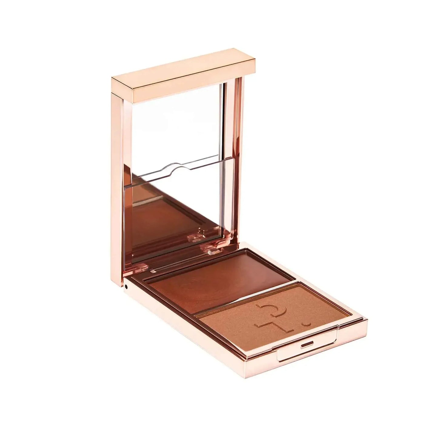 Luxury blush duo compact with creamy and matte tan shades, elegant mirrored rose gold case