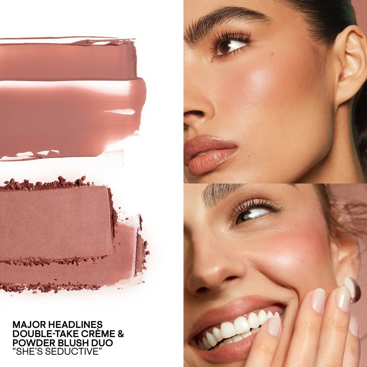 Creme and powder blush duo in warm rose shades with dewy and soft matte finish on cheeks.