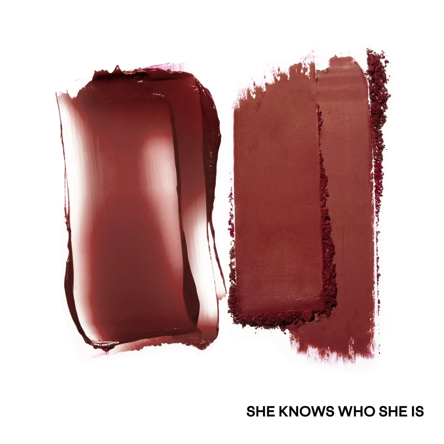 Rich berry cream and powder blush swatches with dewy and matte textures on white background.