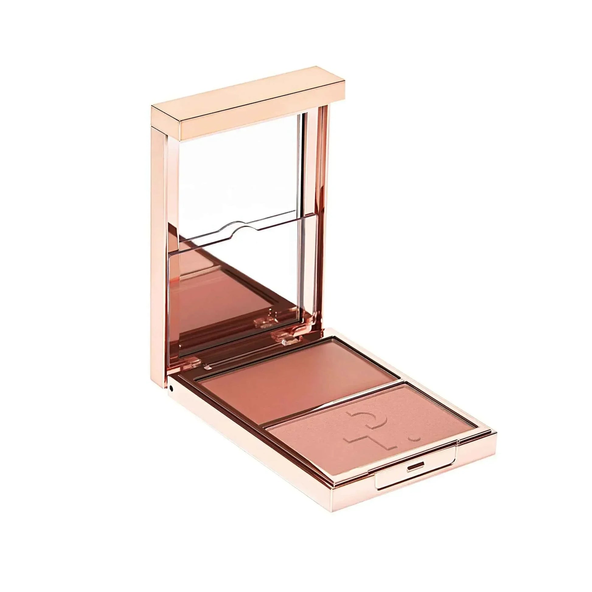 Luxurious blush duo with rosy and nude matte powders in a sleek rose gold compact.