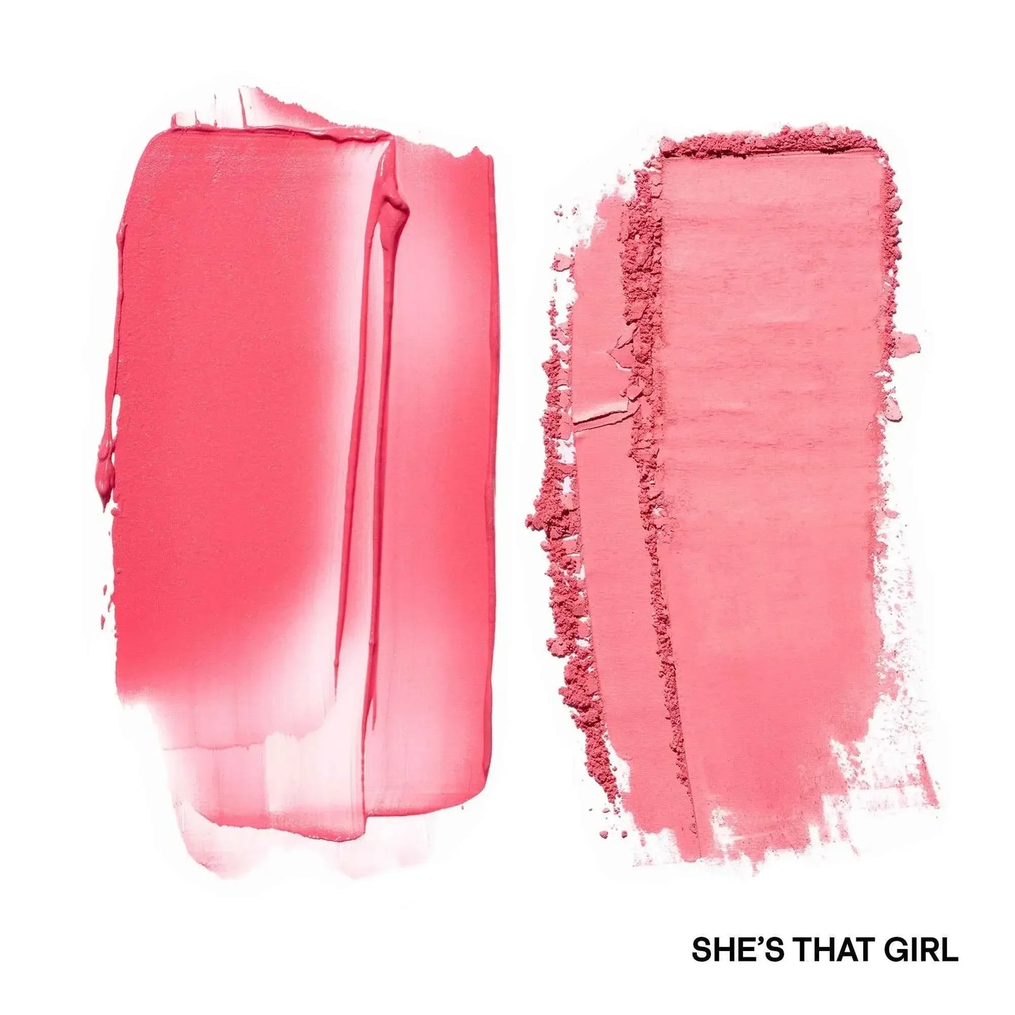 Pink blush duo swatches in creamy and powder textures with a soft matte finish on white background.