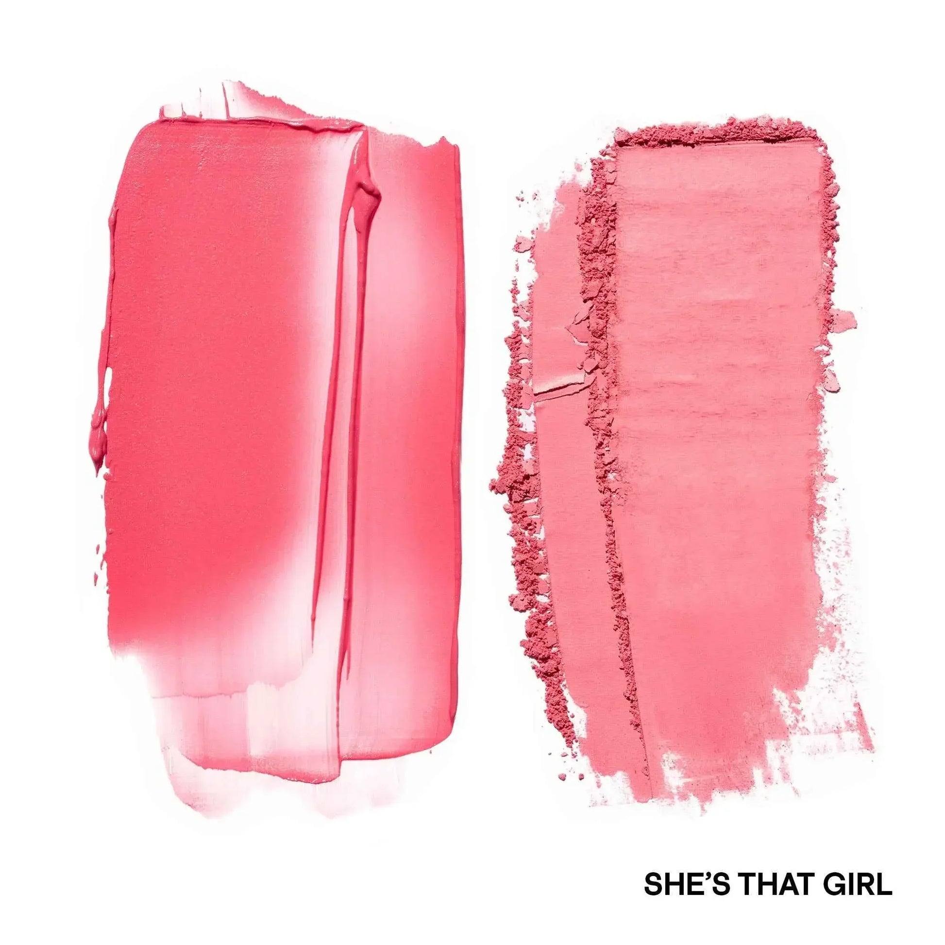 Pink blush duo swatches in creamy and powder textures with a soft matte finish on white background.