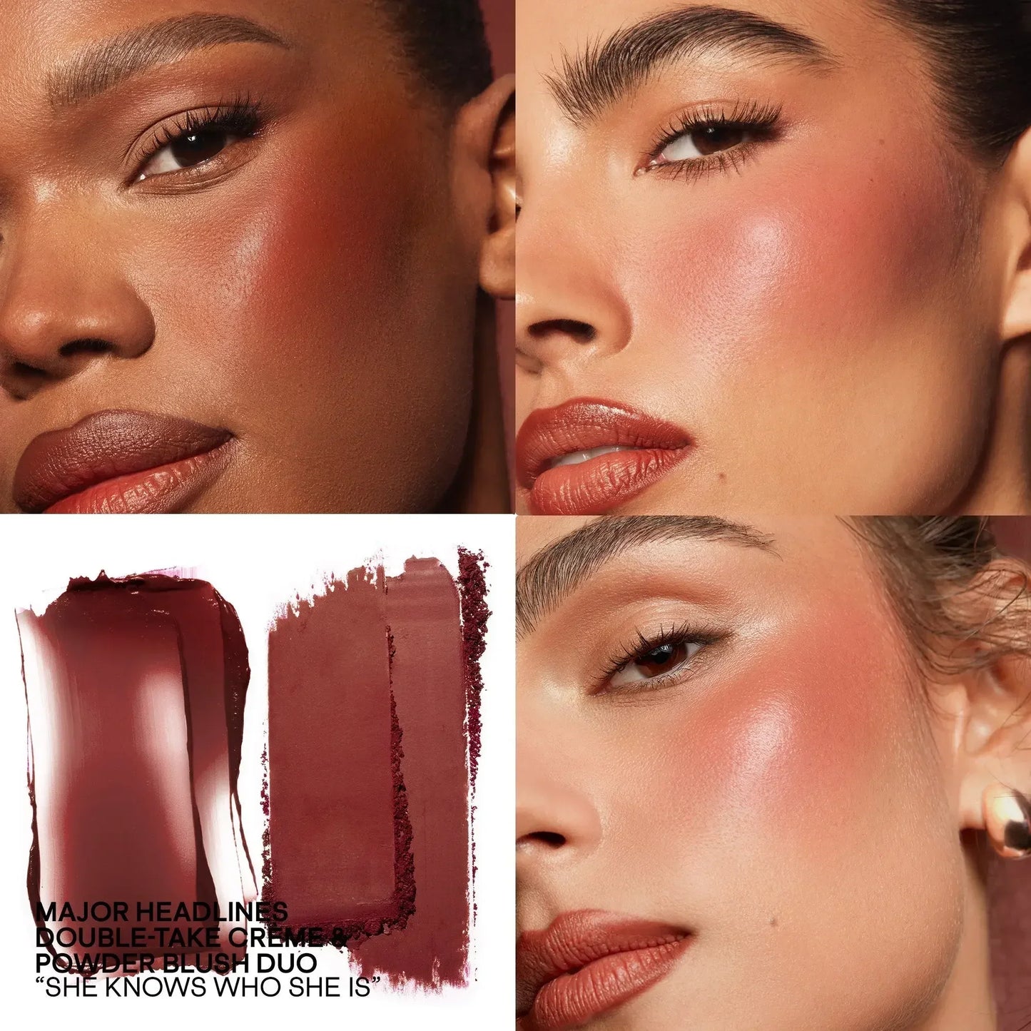 Close-up of diverse models wearing rosy mauve blush with creamy and powder textures, luminous finish.