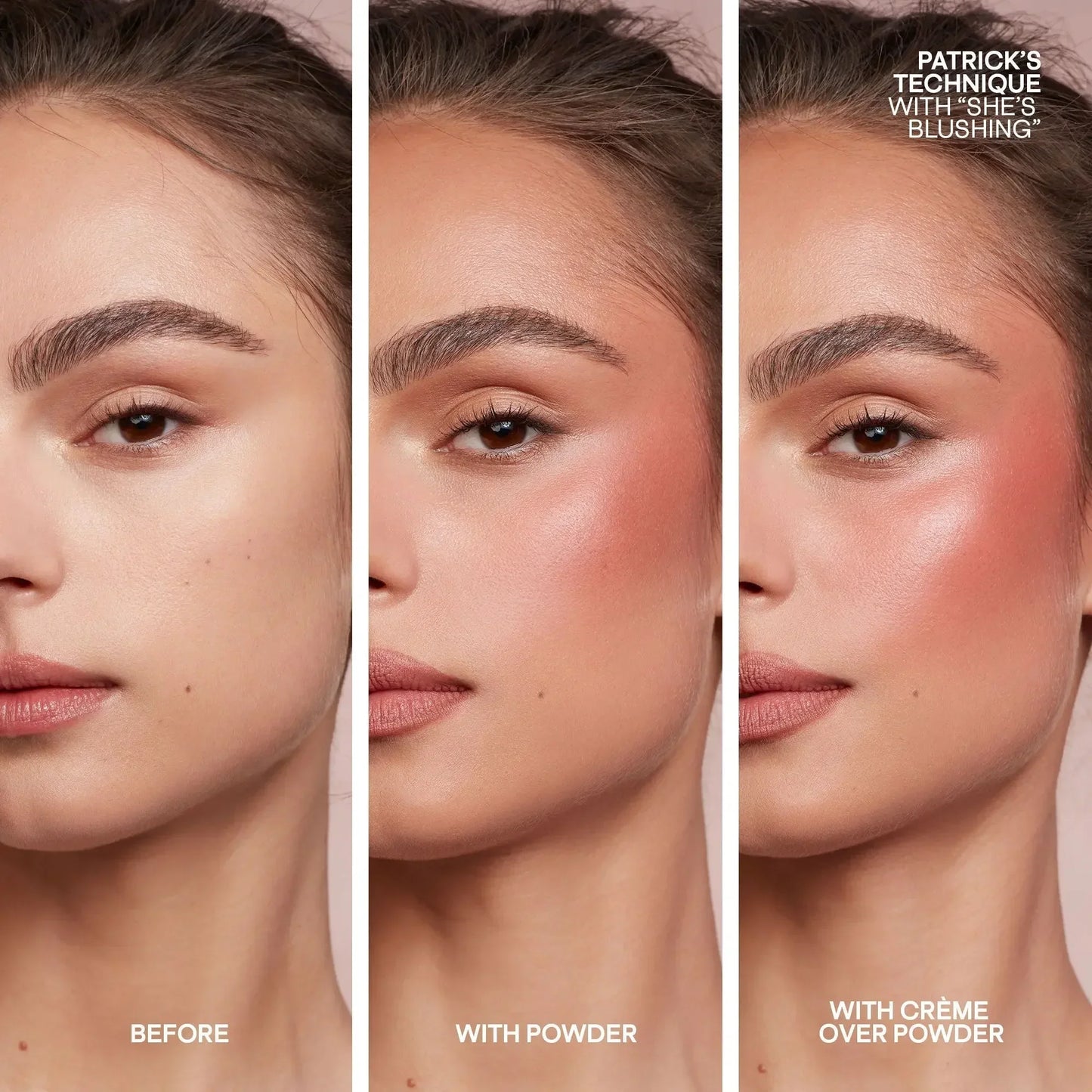Side-by-side model face showing rosy blush with matte powder and dewy crème textures.