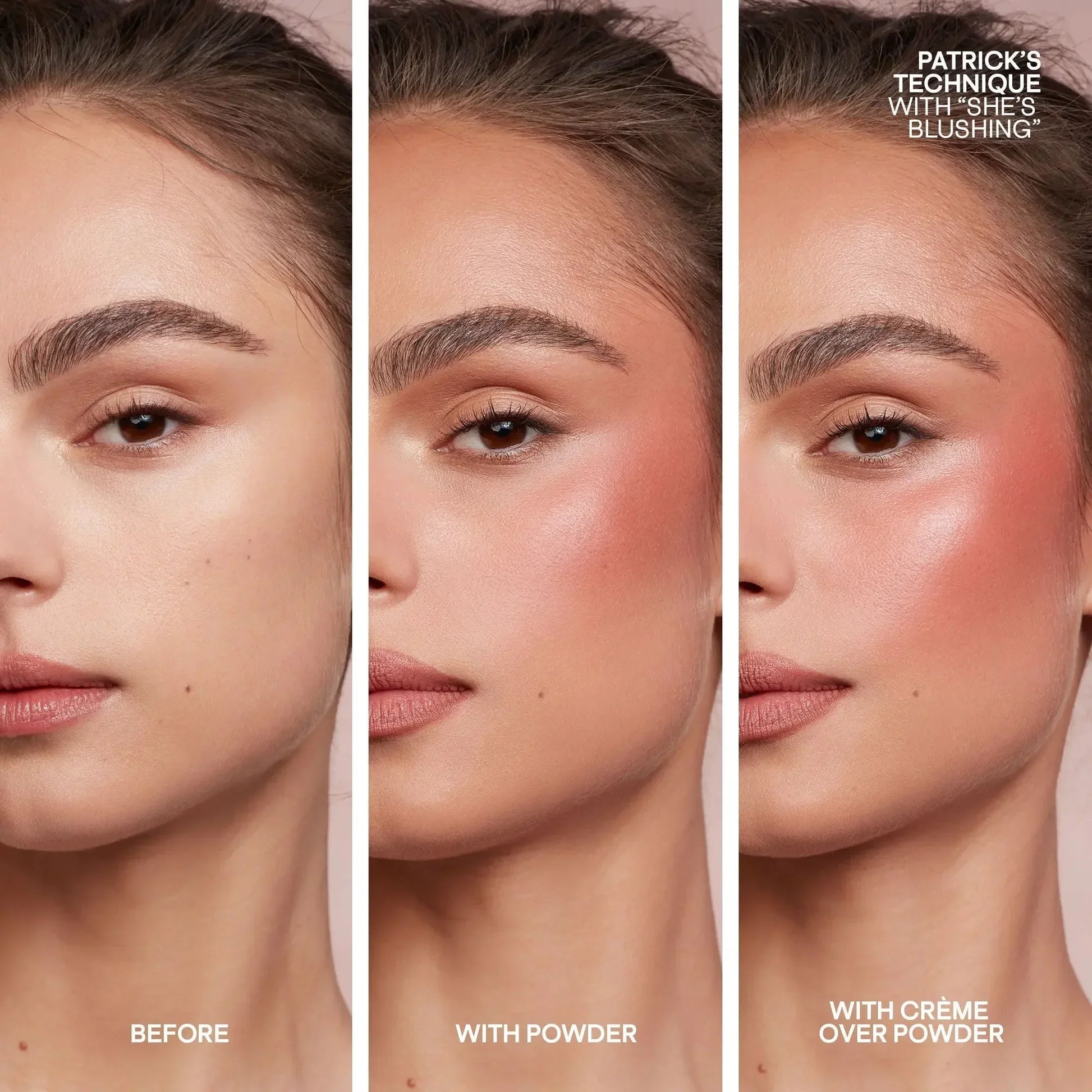 Side-by-side model face showing rosy blush with matte powder and dewy crème textures.