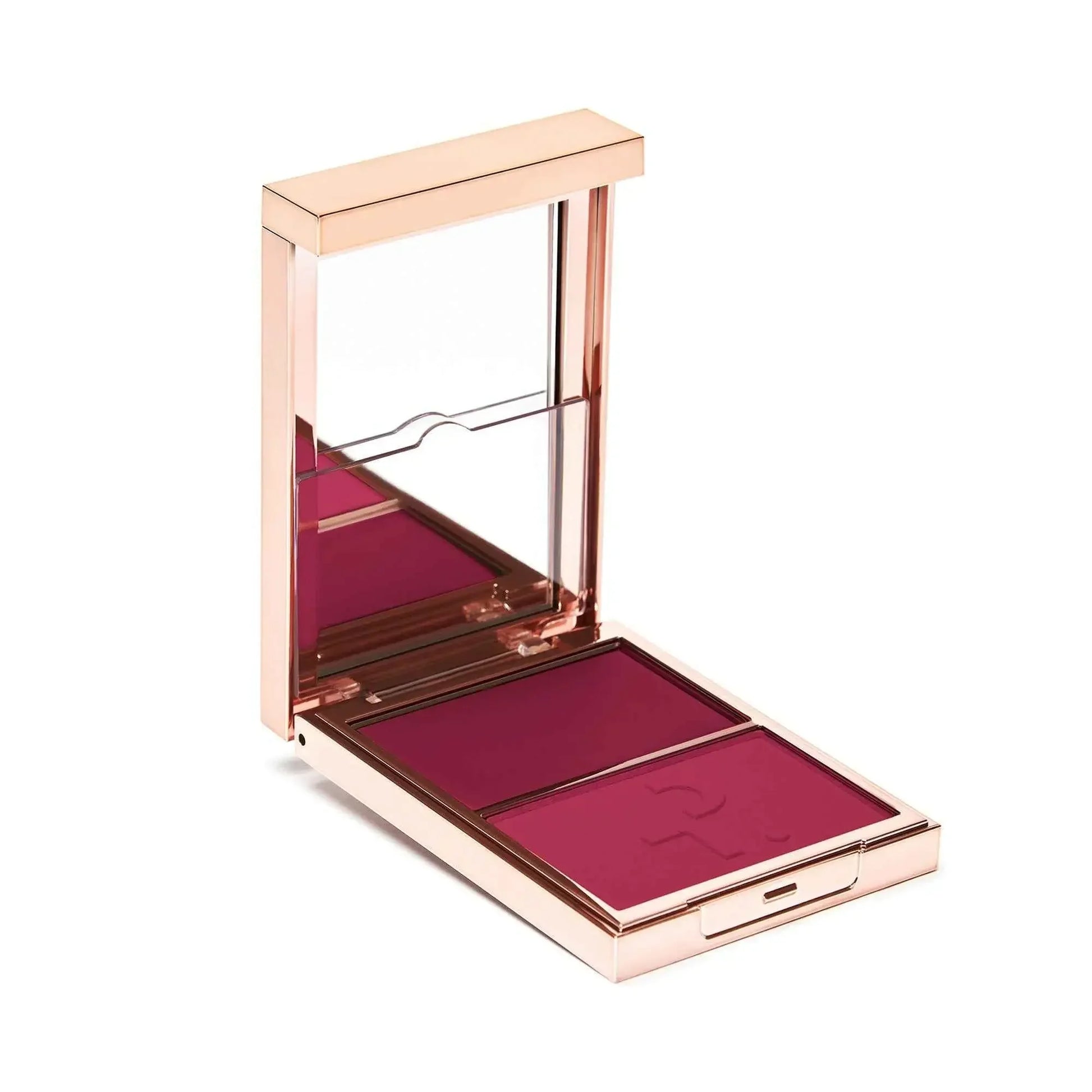 Elegant rose gold blush duo compact with rich berry shades, creamy and powder finishes.