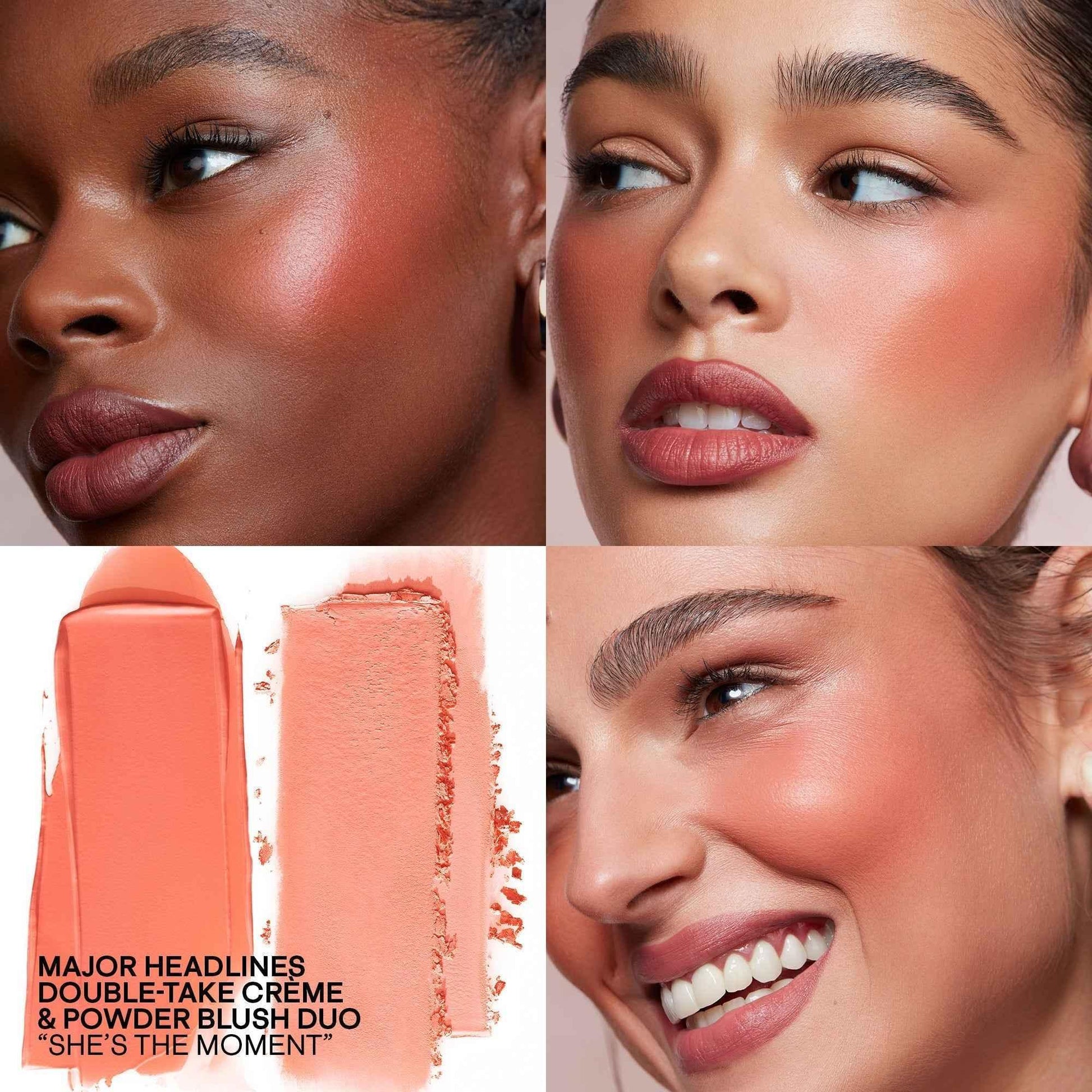 Luxurious crème and powder blush duo in peach-pink, shown with dewy, radiant finishes on skin.