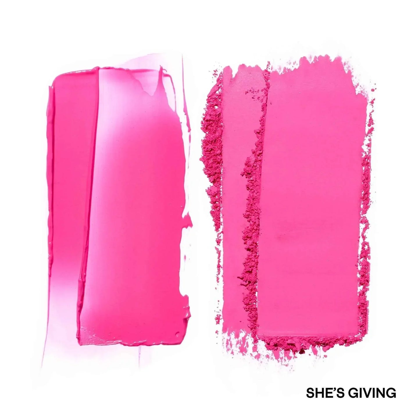Vivid hot pink cream and powder blush swatches with dewy and velvety textures on white.
