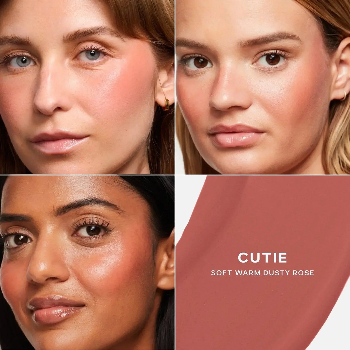 Dewy blush in soft warm dusty rose on diverse models, showing a radiant, creamy finish.