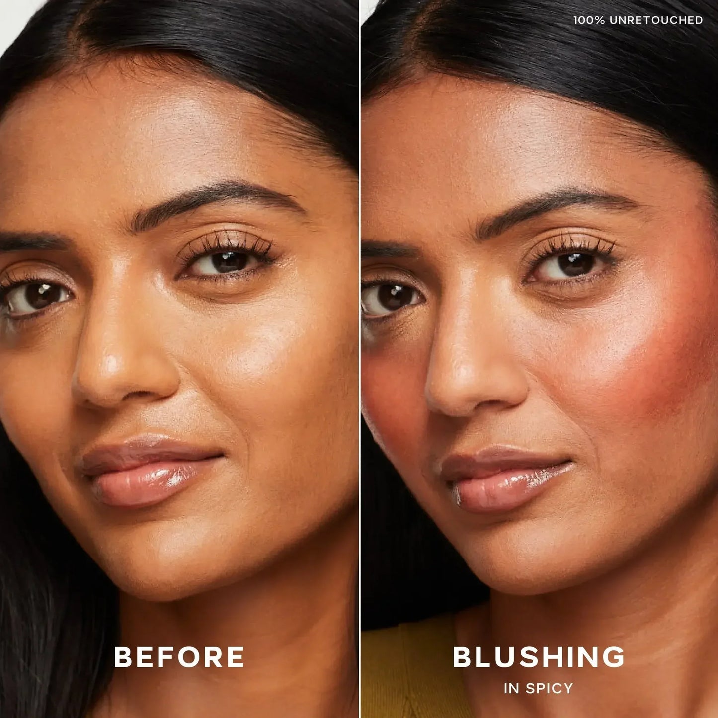 Before and after of woman with dewy skin, showing creamy Spicy blush for radiant glow
