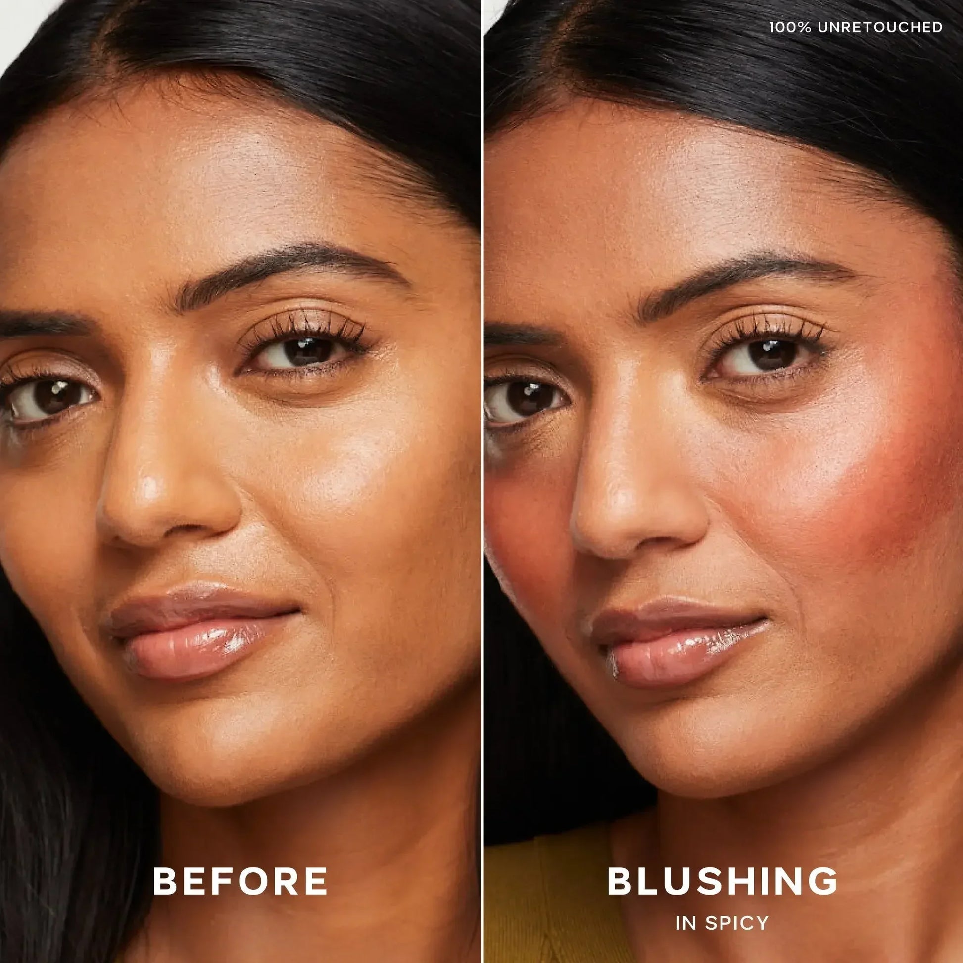 Before and after of woman with dewy skin, showing creamy Spicy blush for radiant glow