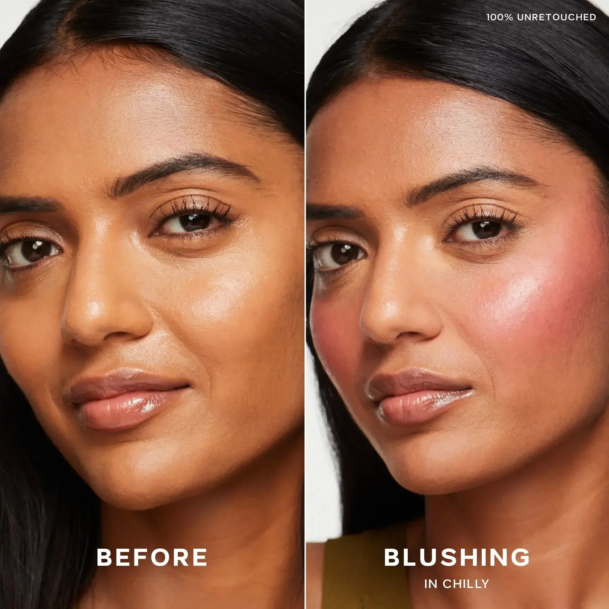 Before and after showing model with dewy finish blush in a cool pink shade, creamy texture visible.