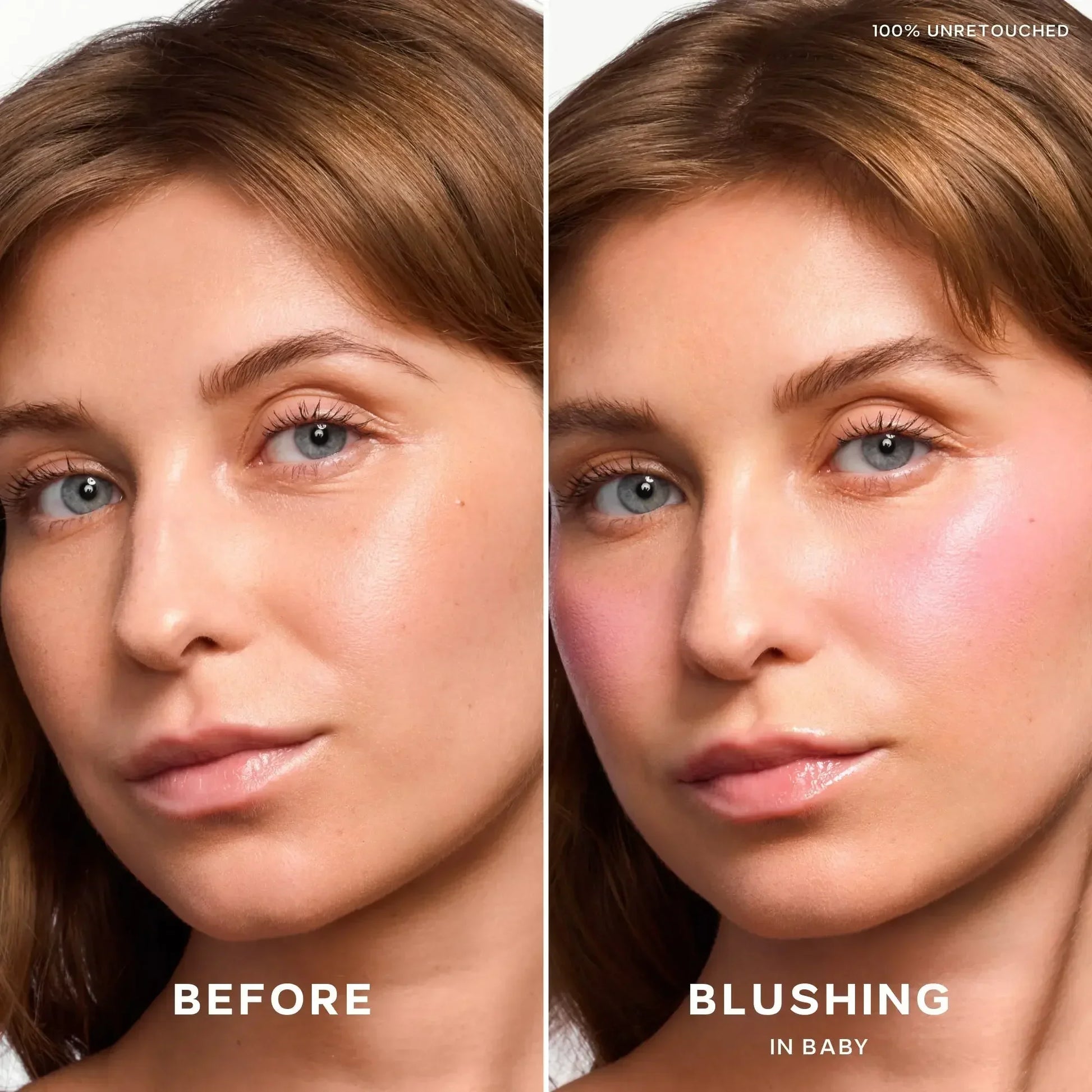 Before and after close-up of a woman's face showing dewy, creamy pink blush on cheeks.