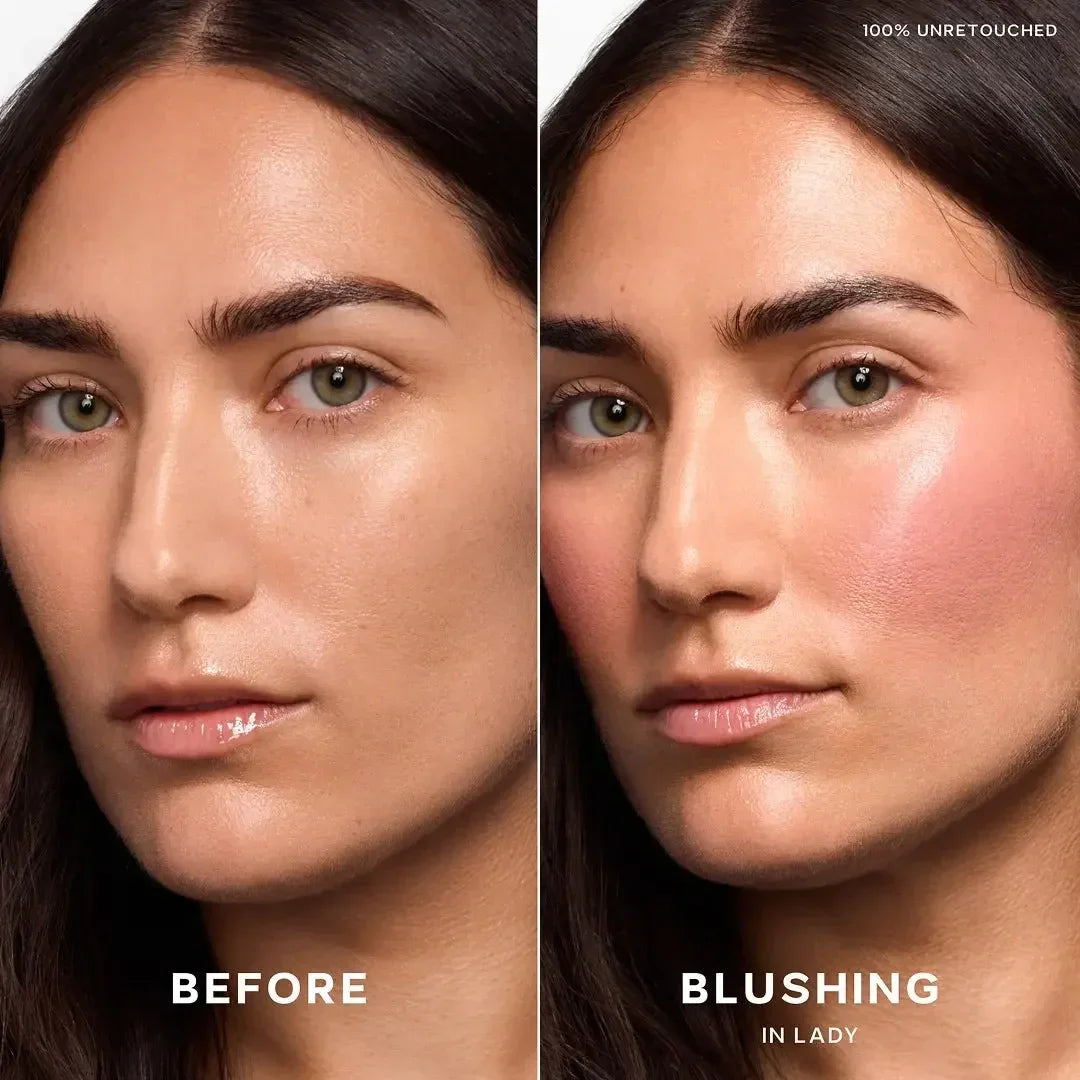 Before and after comparison of creamy pink blush with a radiant, dewy finish on cheeks.
