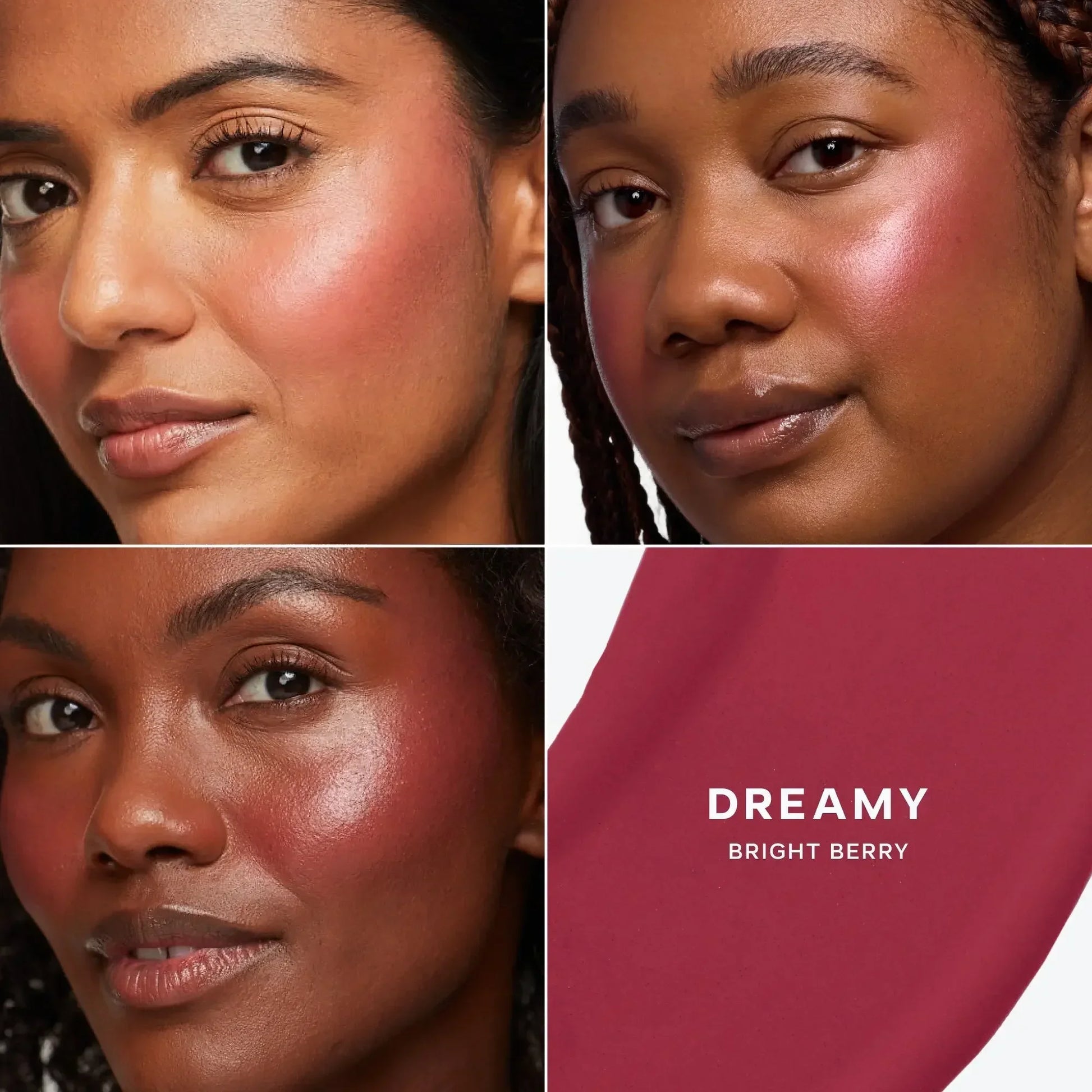 Dewy, creamy berry blush on diverse skin tones with dreamy bright berry swatch.