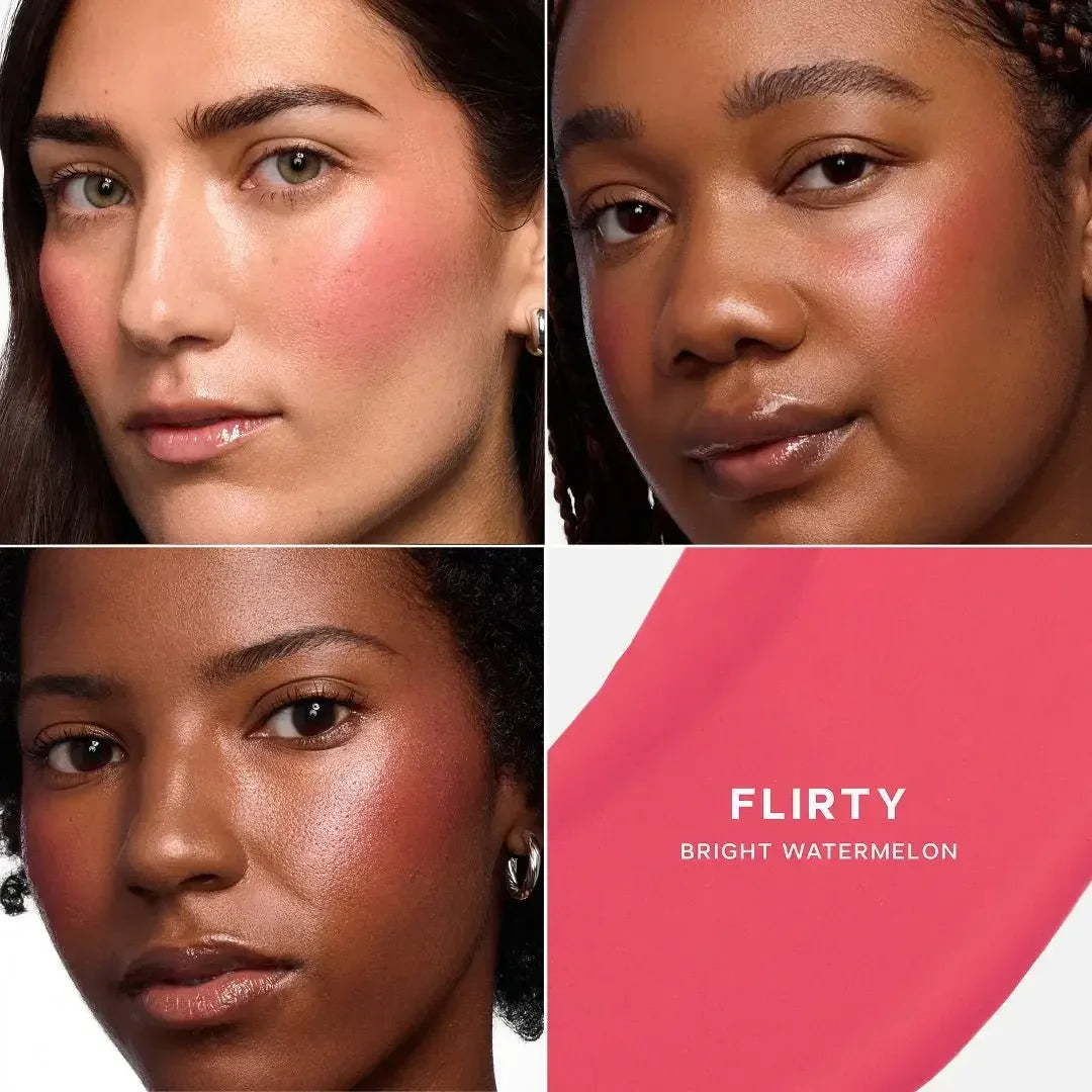Three models wearing dewy, creamy blush in bright watermelon pink shade called Flirty.