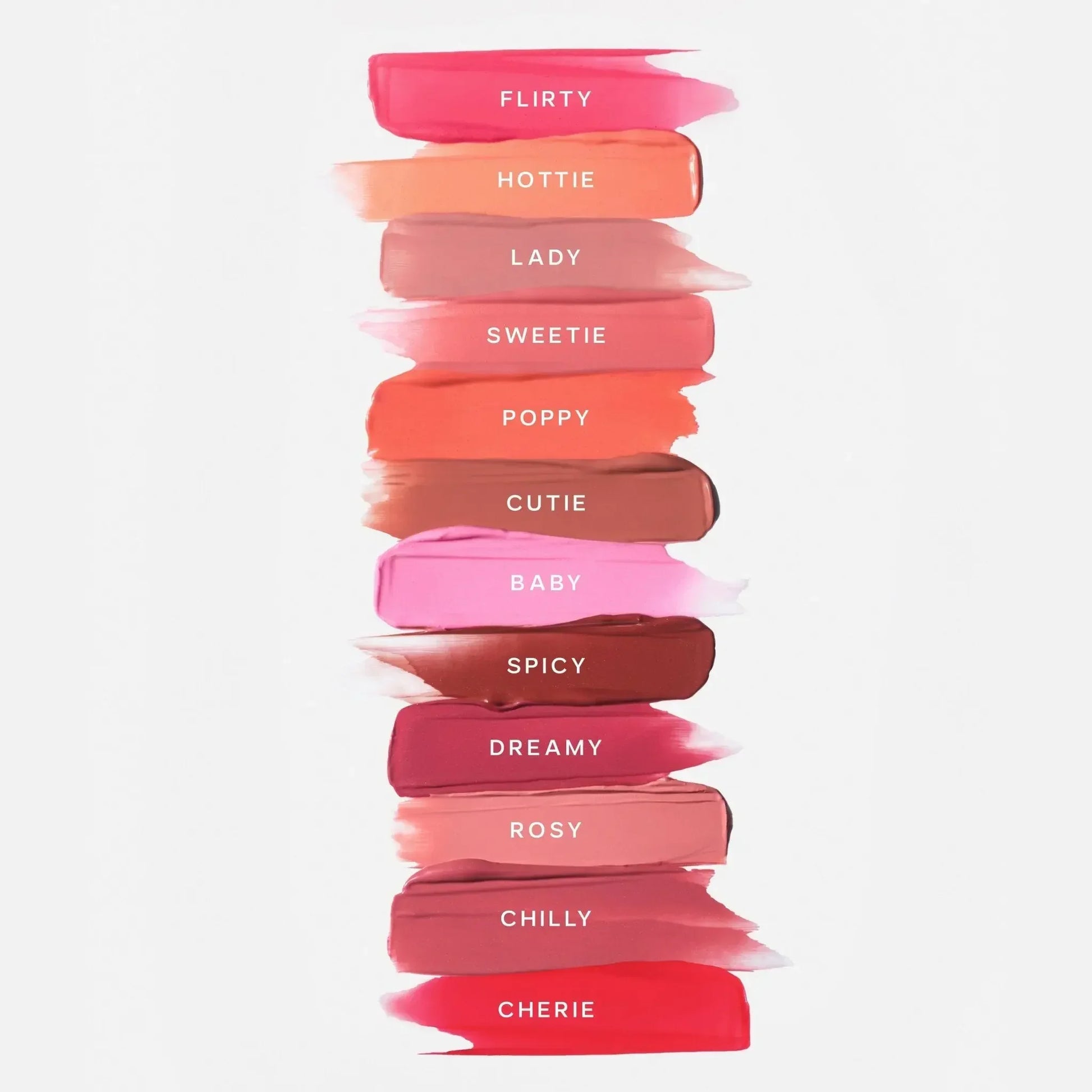 Assorted dewy cream blush swatches in vibrant and neutral tones on white background