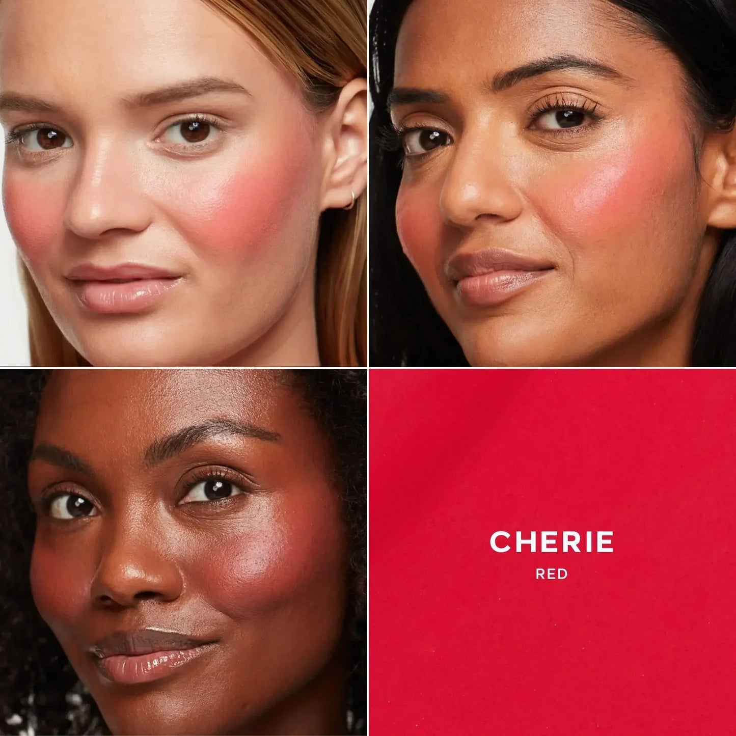 Models wearing creamy dewy red blush in Cherie shade on cheeks, showing radiant finish.