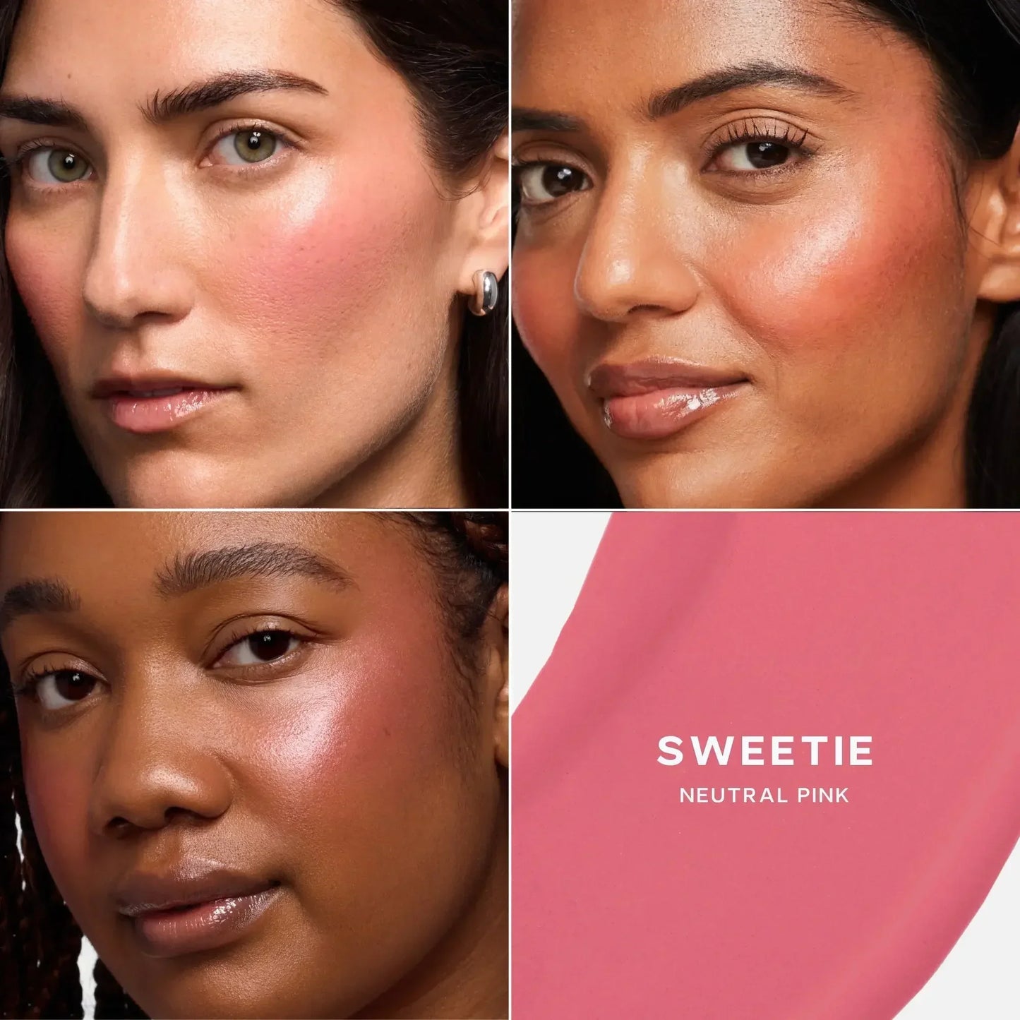 Models wear creamy, dewy blush in neutral pink Sweetie shade on cheeks, radiant finish.