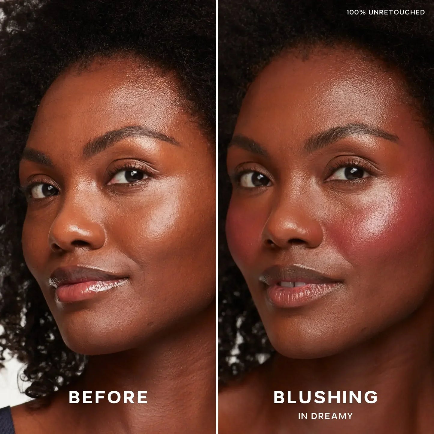 Side-by-side comparison of a woman before and after applying dewy, rosy cream blush.