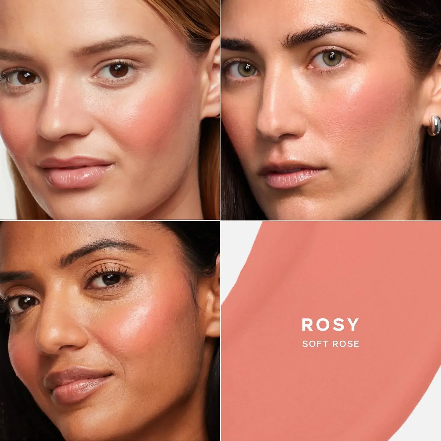 Dewy soft rose blush on diverse skin tones, luxurious creamy texture, radiant finish