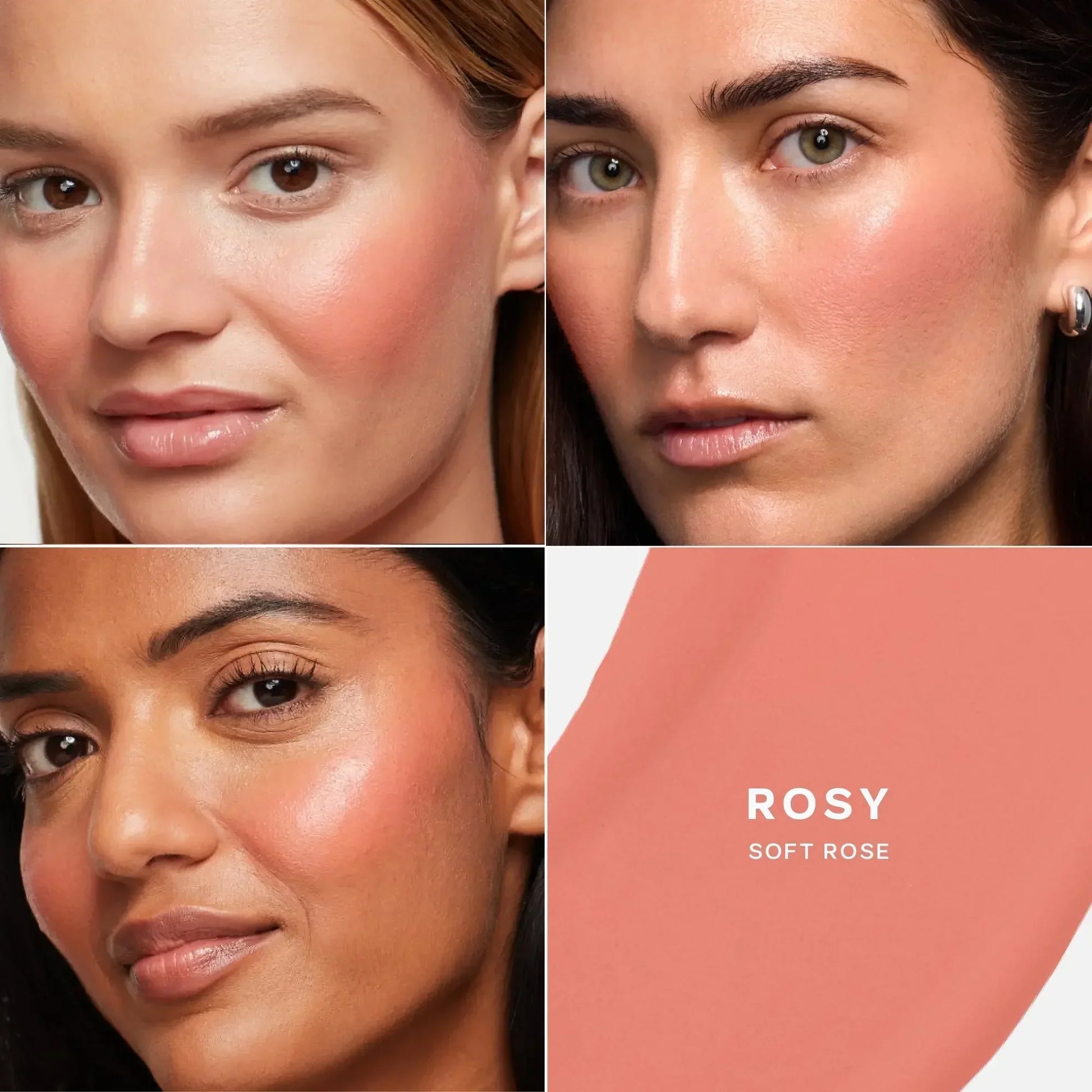 Dewy soft rose blush on diverse skin tones, luxurious creamy texture, radiant finish