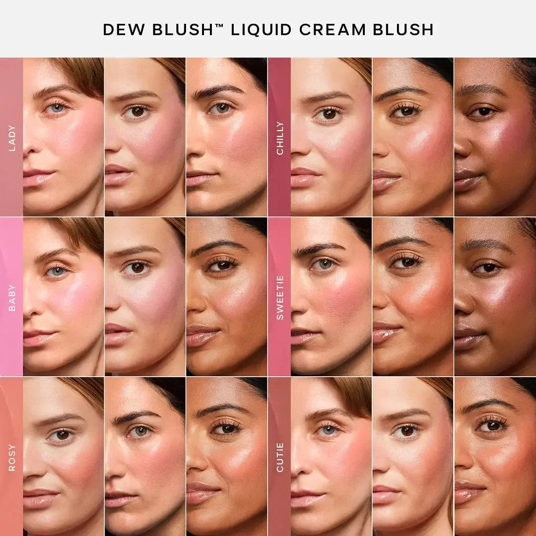 Dewy liquid cream blush swatched on diverse skin tones, showing six radiant shades.