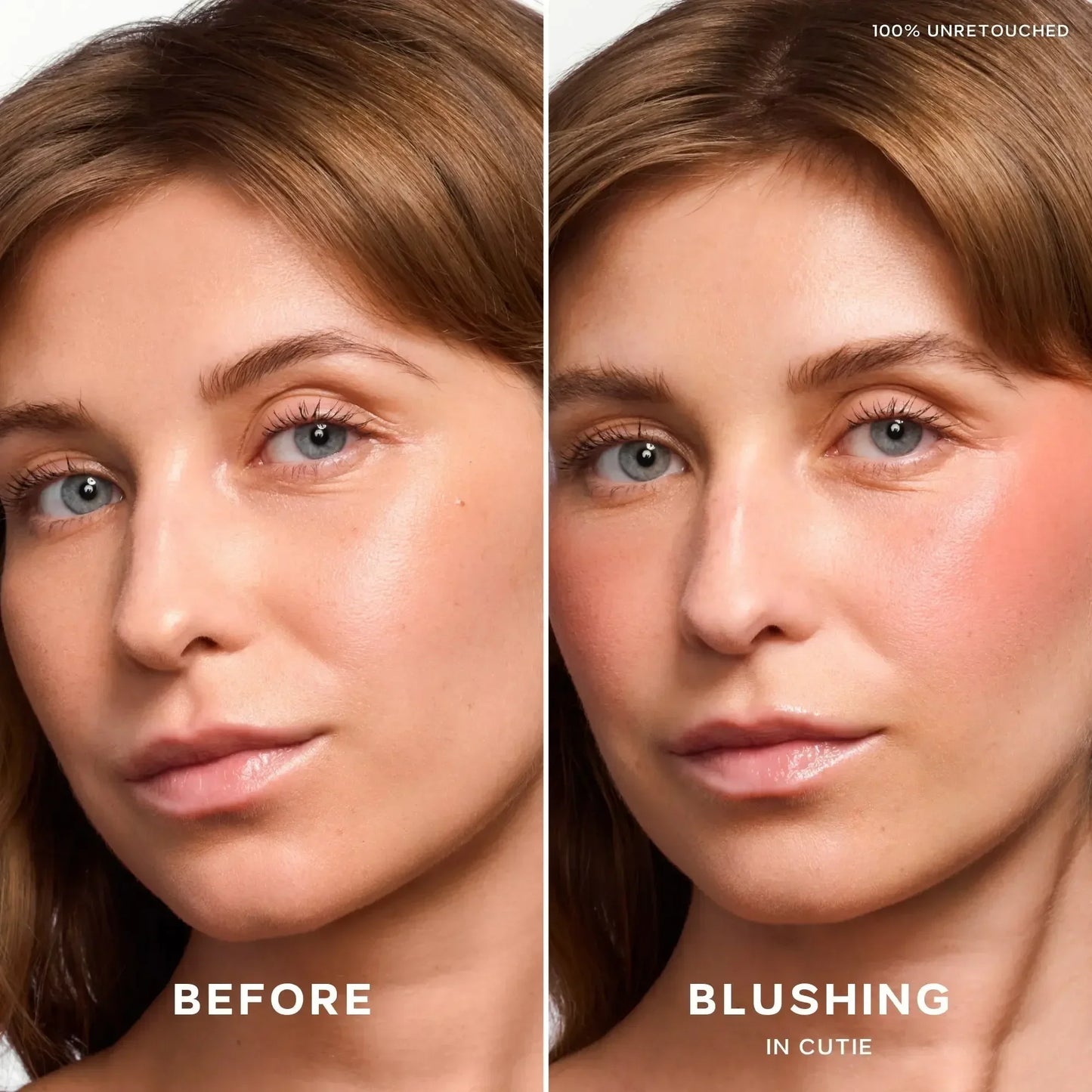 Side-by-side comparison showing a model with natural skin and with dewy, rosy cream blush applied for a radiant finish.