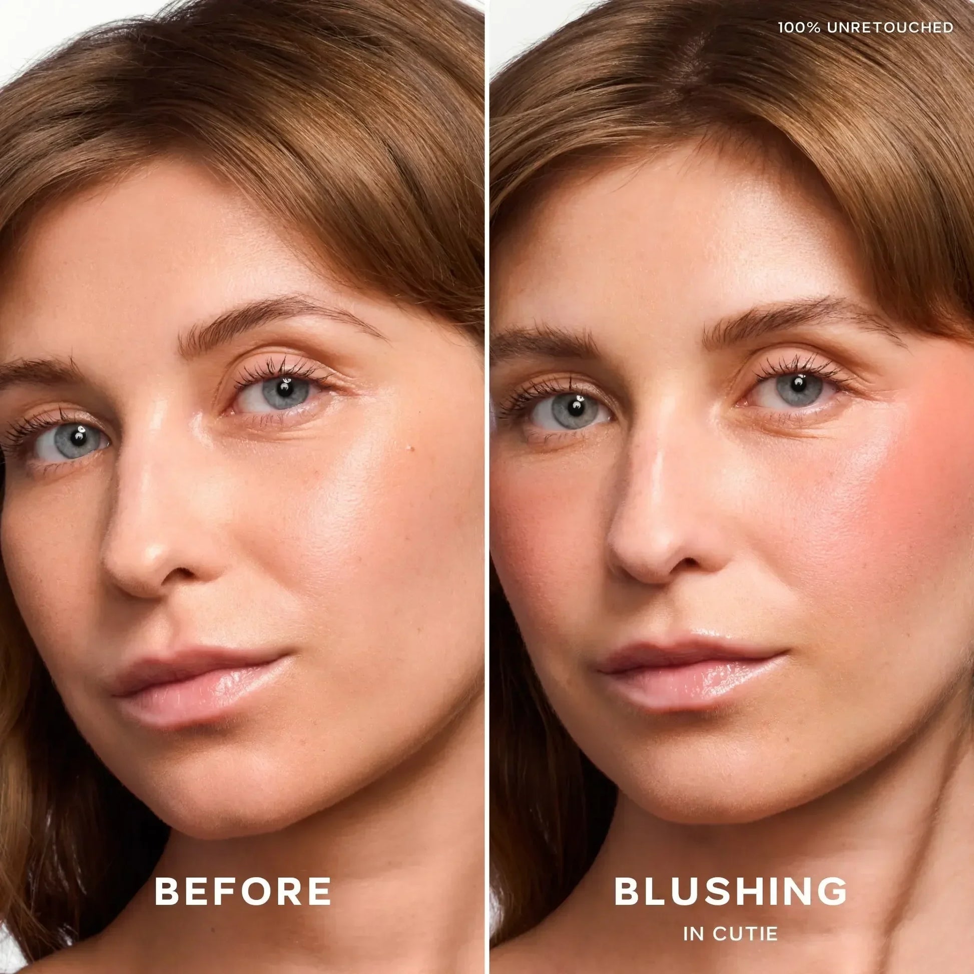 Side-by-side comparison showing a model with natural skin and with dewy, rosy cream blush applied for a radiant finish.