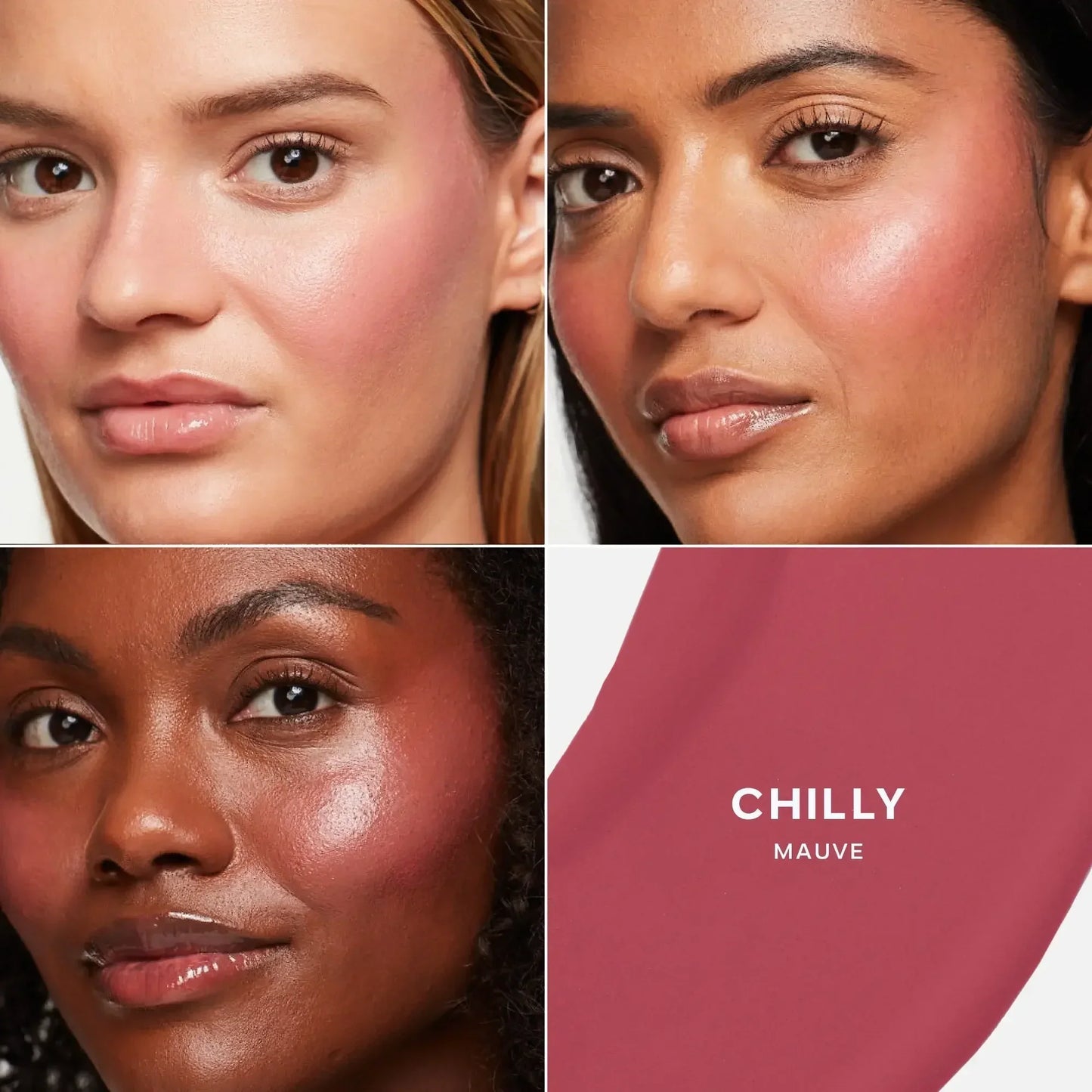Models with dewy, mauve blush on cheeks, creamy texture in Chilly shade shown close-up.