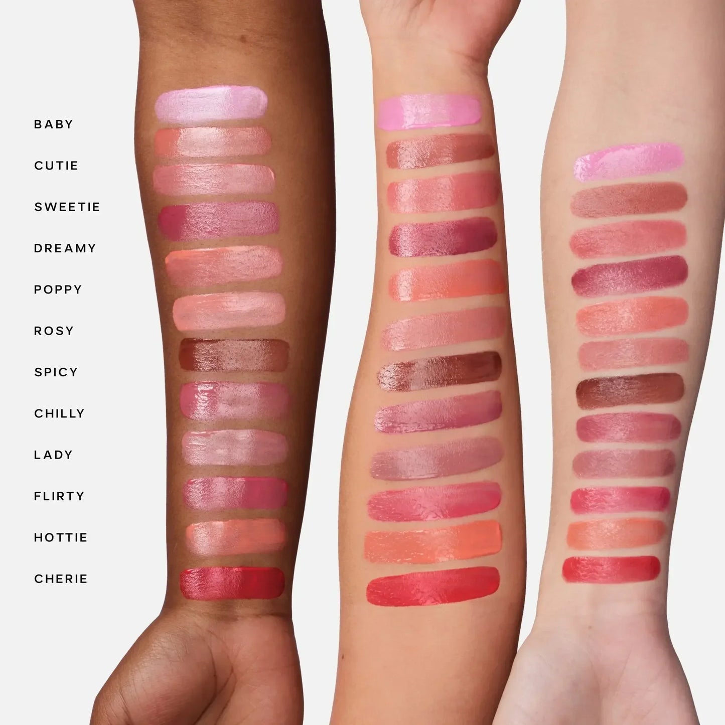 Three arms with luxurious, dewy blush swatches in various pink, rose, and coral shades.