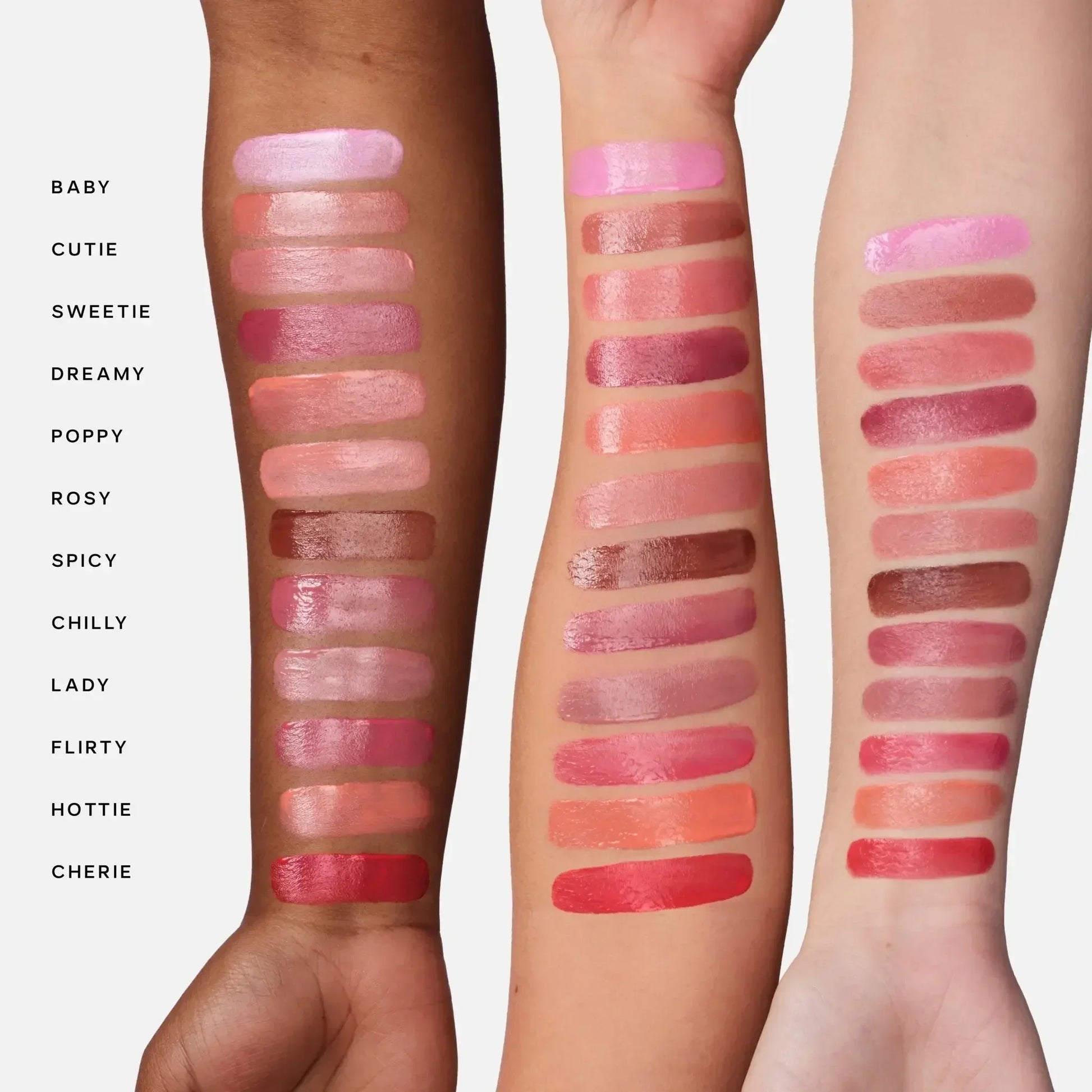 Three arms with luxurious, dewy blush swatches in various pink, rose, and coral shades.