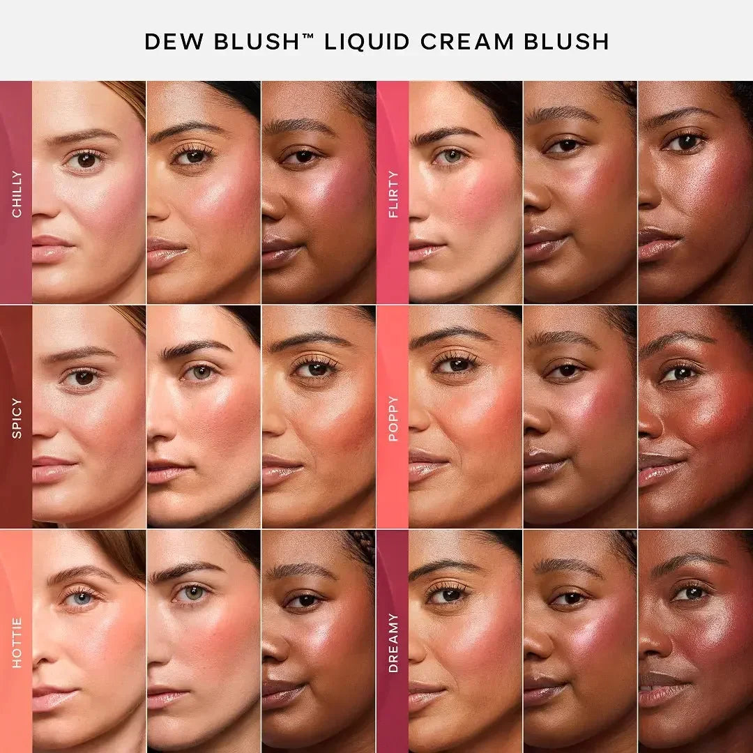Dew Blush liquid cream blush swatches on diverse skin tones, showcasing dewy, radiant finish in various shades including Chilly, Flirty, Spicy, Poppy, Hottie, and Dreamy.