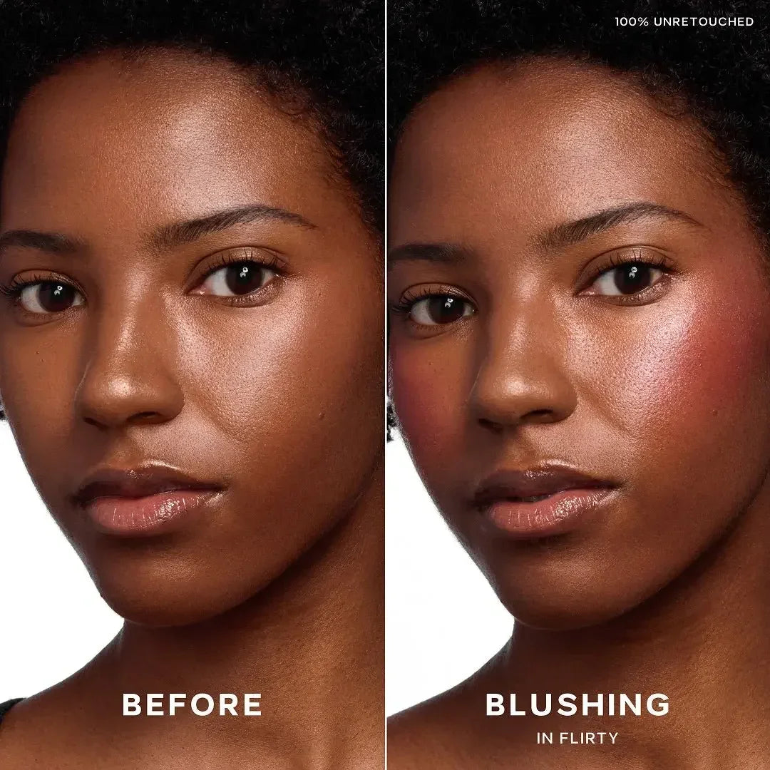 Side-by-side comparison of a model before and after applying dewy, rosy blush for radiant glow.