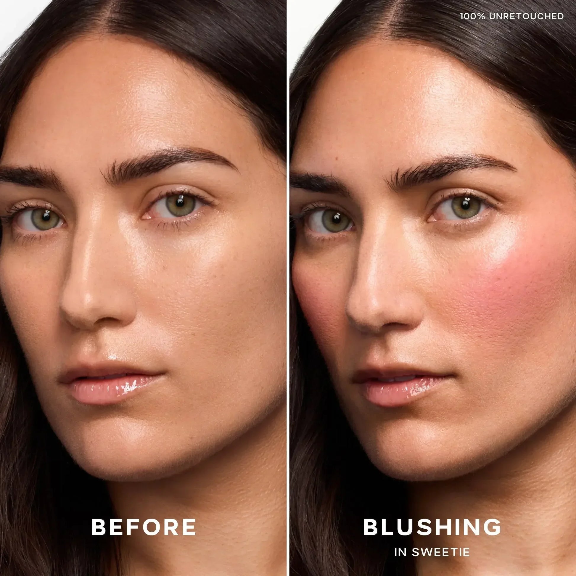 Side-by-side before and after close-ups showing dewy, natural skin and rosy cream blush on cheeks.