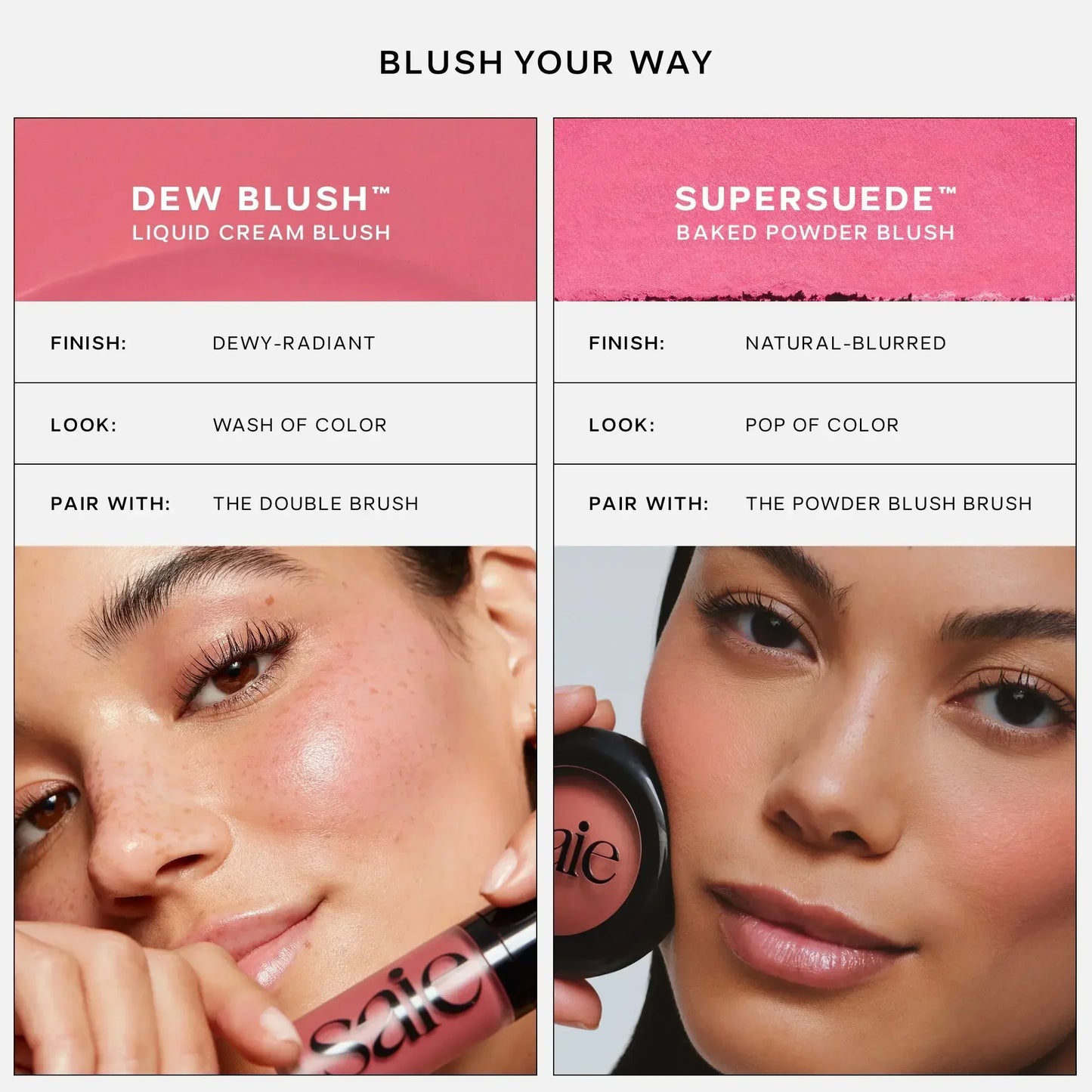 Side-by-side comparison of dewy liquid cream blush and natural powder blush on models, showing radiant finish and smooth texture.