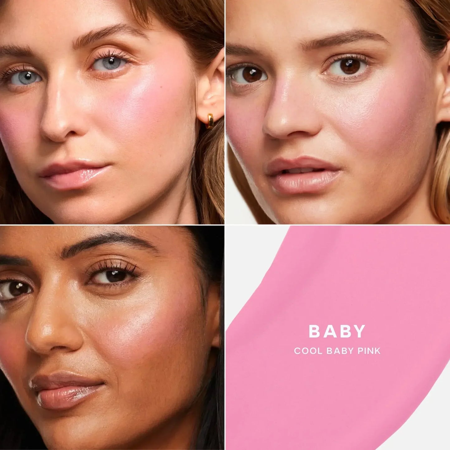 Dewy blush in cool baby pink, shown on diverse skin tones with a creamy, luminous finish.