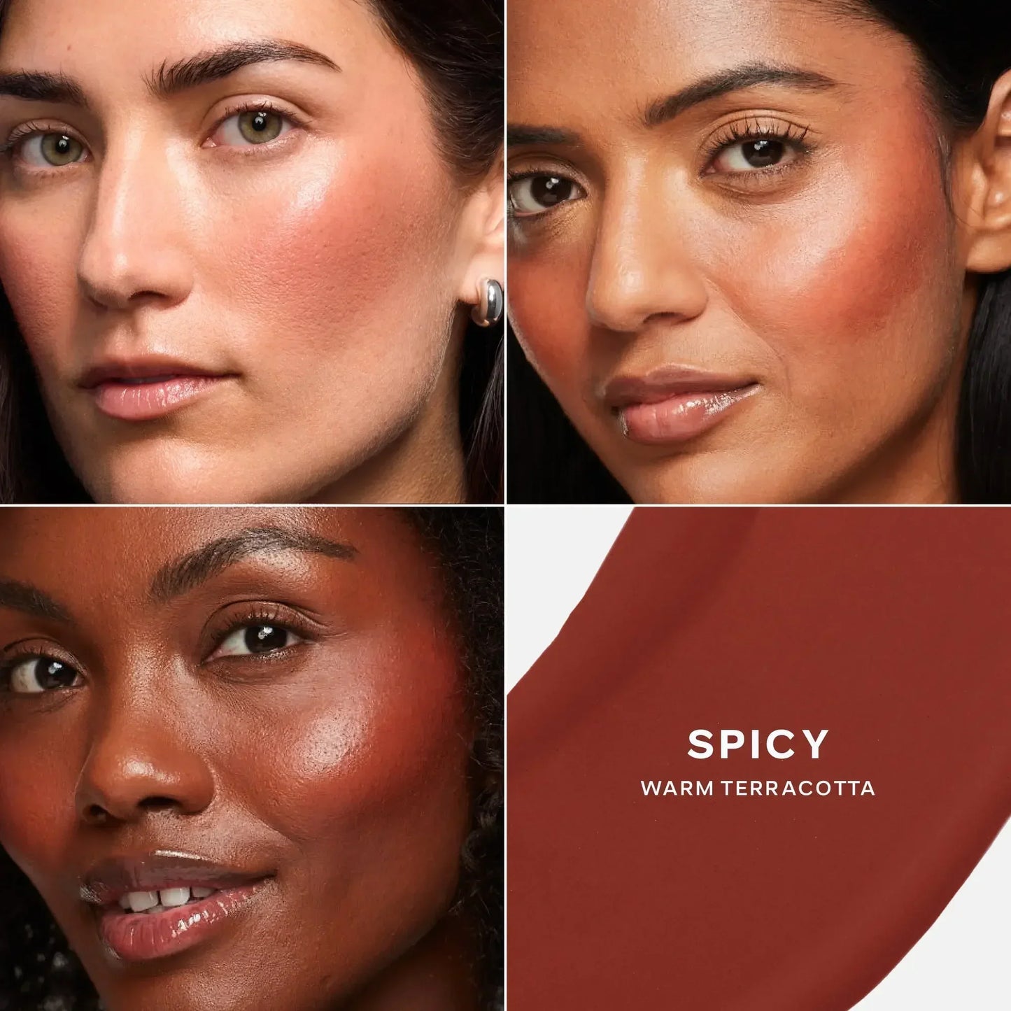Dewy finish blush in warm terracotta shade Spicy, shown on diverse skin tones.