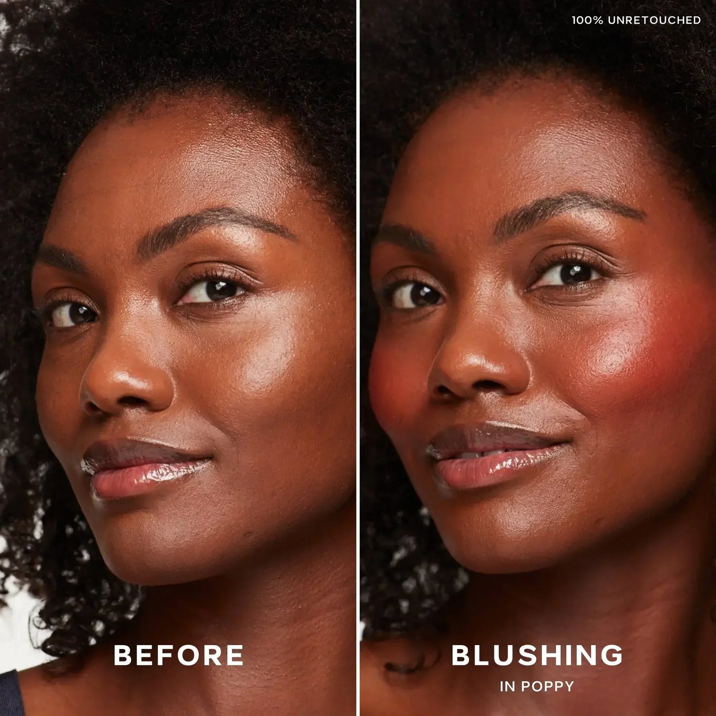 Split image showing before and after applying dewy, poppy-colored cream blush on cheeks.