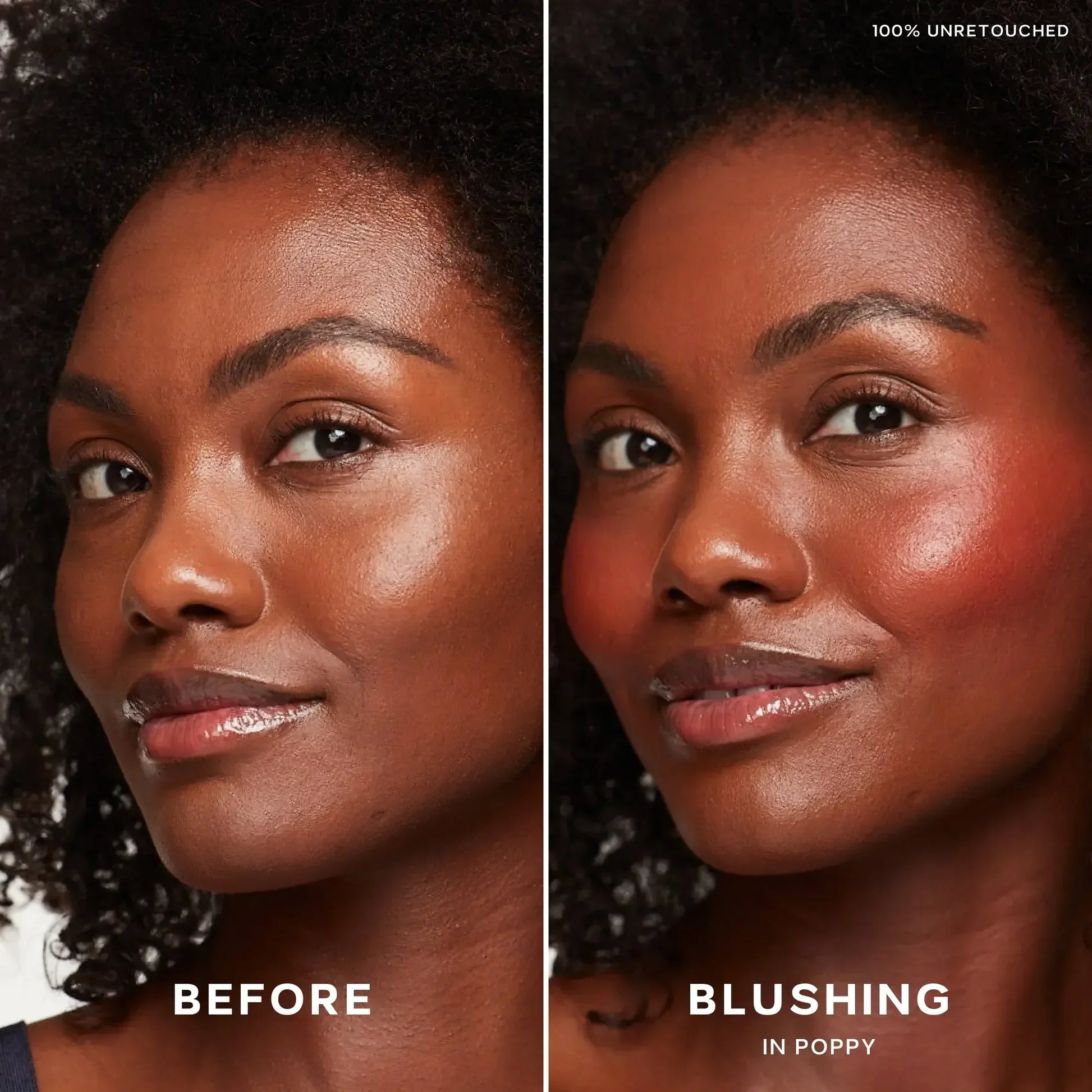 Split image showing before and after applying dewy, poppy-colored cream blush on cheeks.