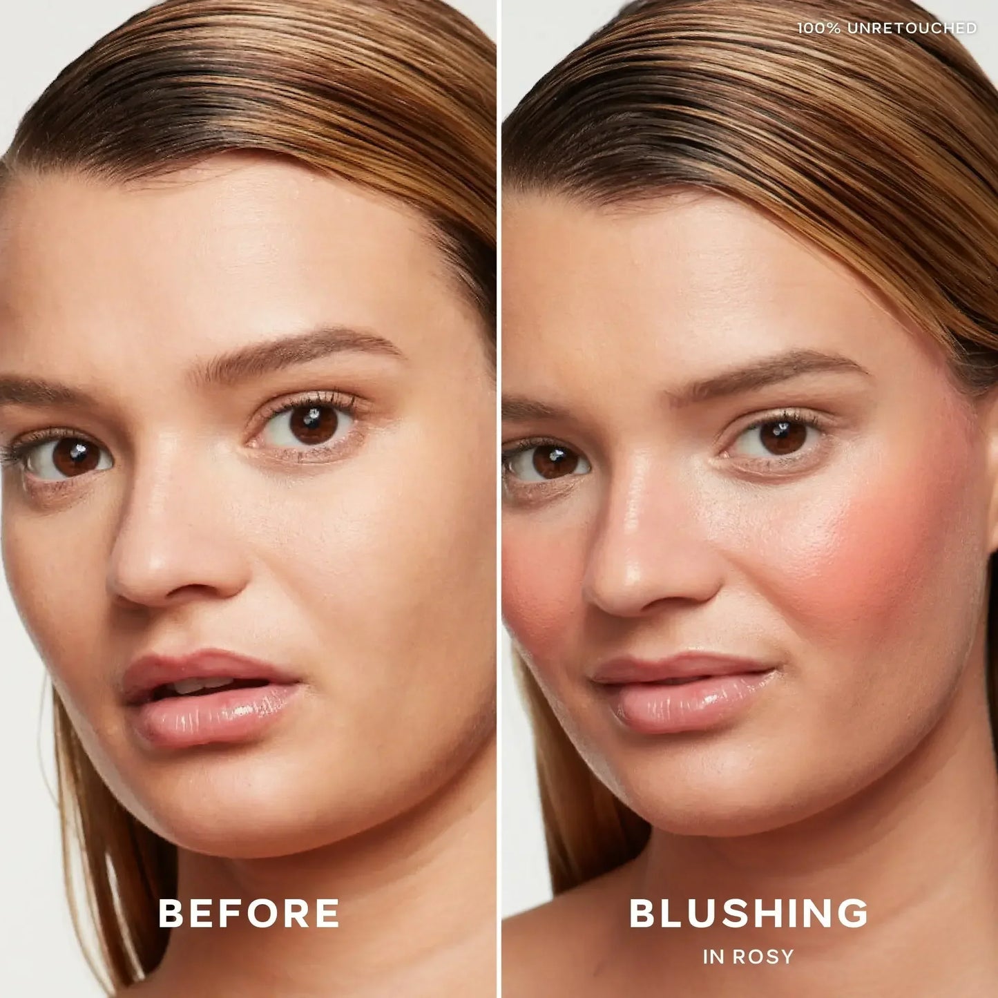 Before and after of a woman with natural skin and then dewy, rosy blush for a radiant look.