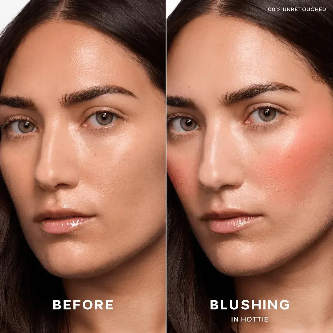 Side-by-side before and after of a woman with natural skin and then wearing dewy, rosy blush for a radiant finish.