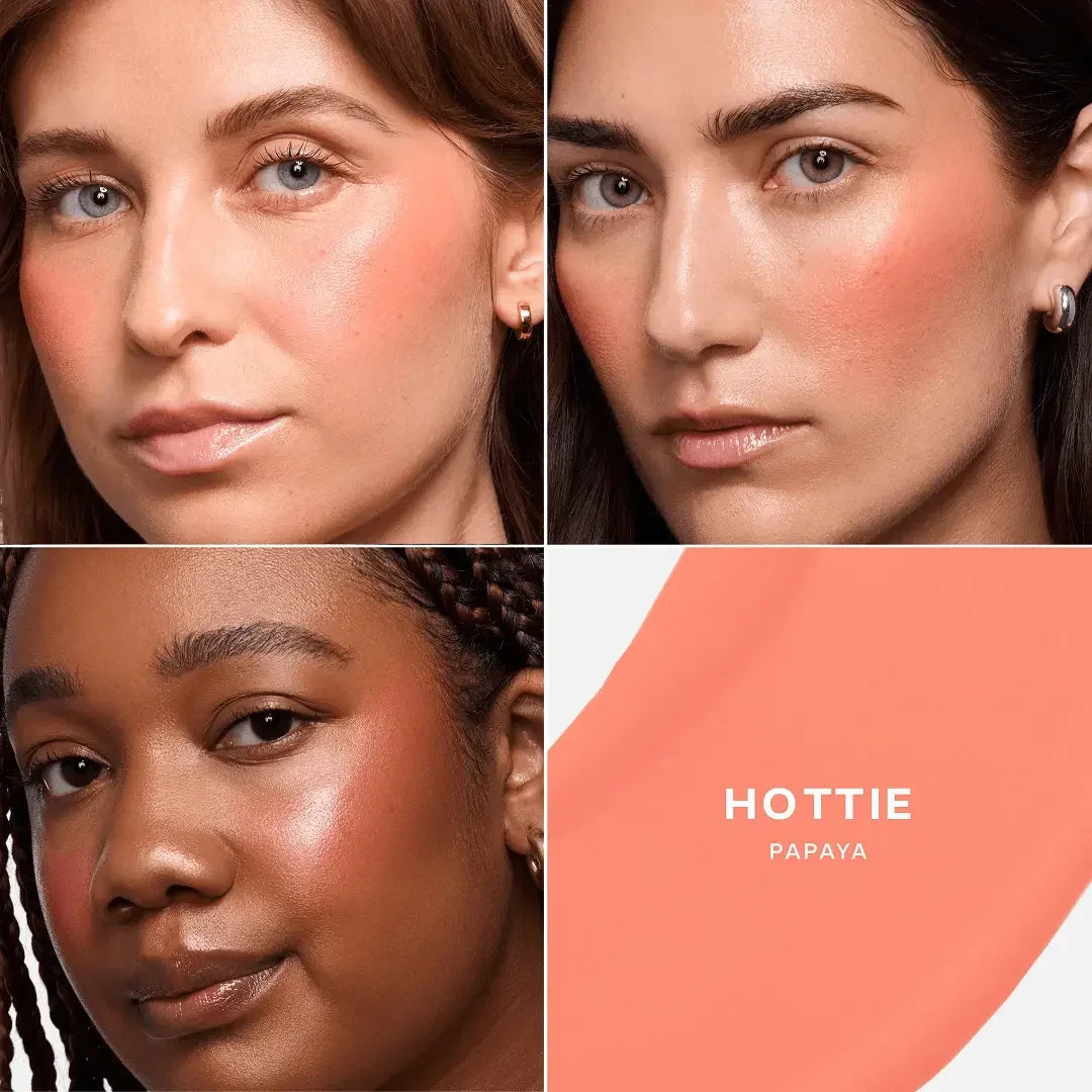 Dewy peach-papaya blush on diverse skin tones, creamy texture, radiant makeup finish