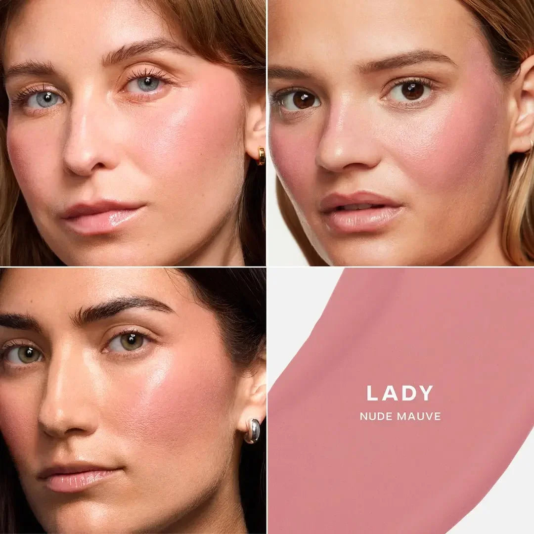 Dewy blush in nude mauve shade on three models, showcasing creamy, radiant finish.