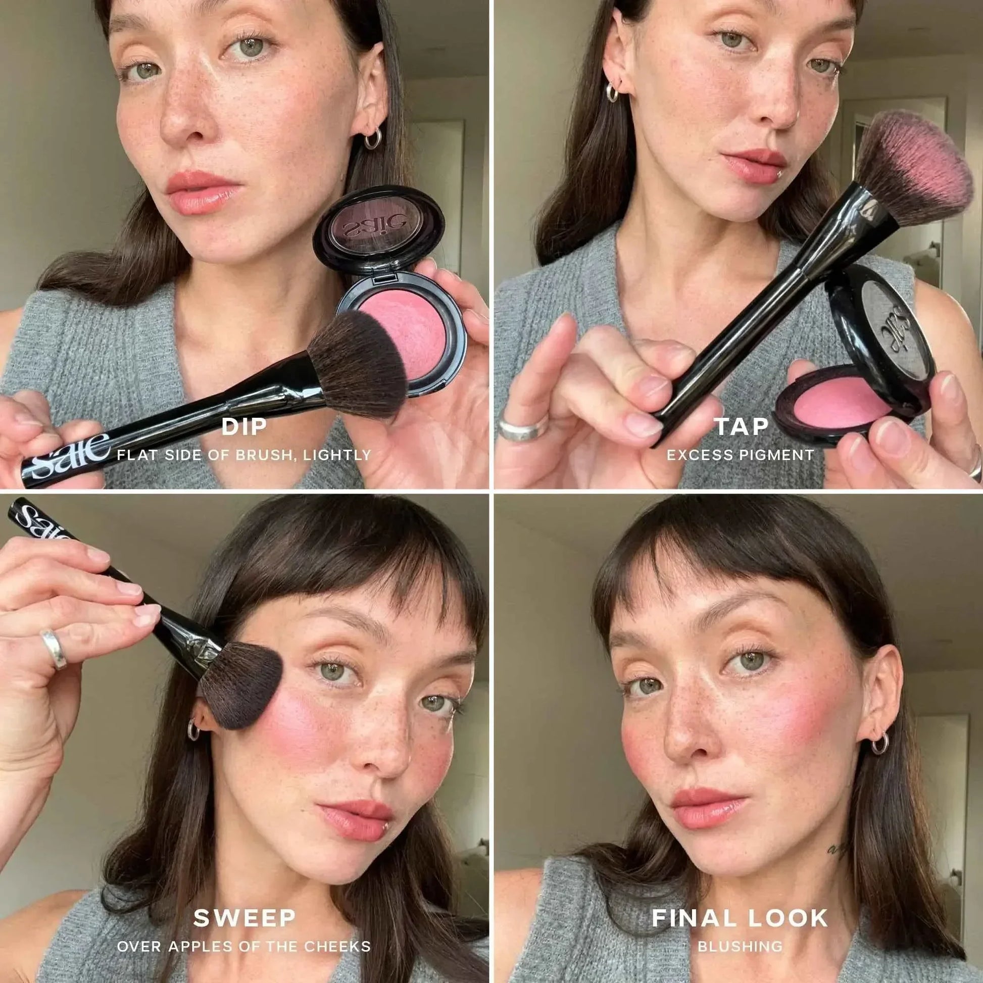 Model applying rosy pink powder blush with a makeup brush for a radiant, natural finish.