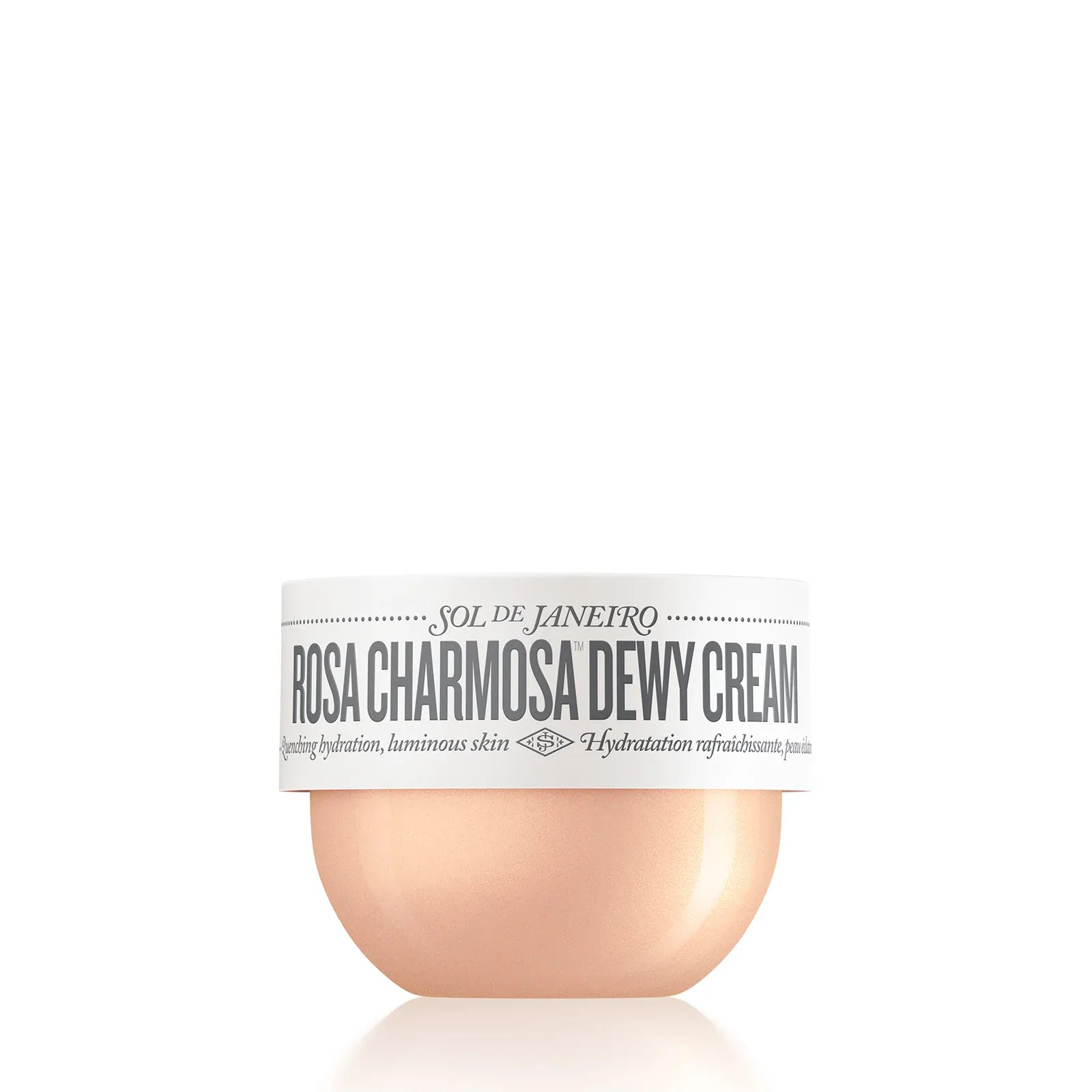 Jar of Rosa Charmosa Dewy Cream with visible brand name on a white background. 75ml bottle render