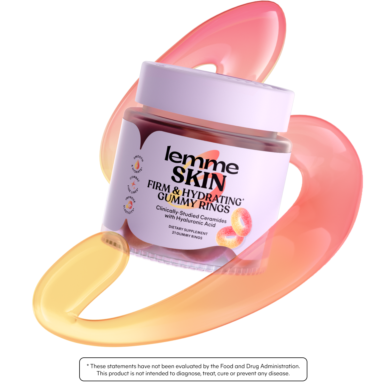 A jar of Lemme Skin Firm & Hydrating Gummy Rings shown on a white background with a translucent peach and yellow ring graphic behind it. The jar has a white lid and a white label with black and orange text.