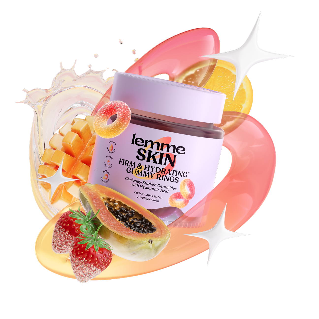 A jar of Lemme Skin Firm & Hydrating Gummy Rings centered on a white background, surrounded by colorful graphic elements including strawberries, papaya, mango pieces, and abstract pink and yellow shapes.